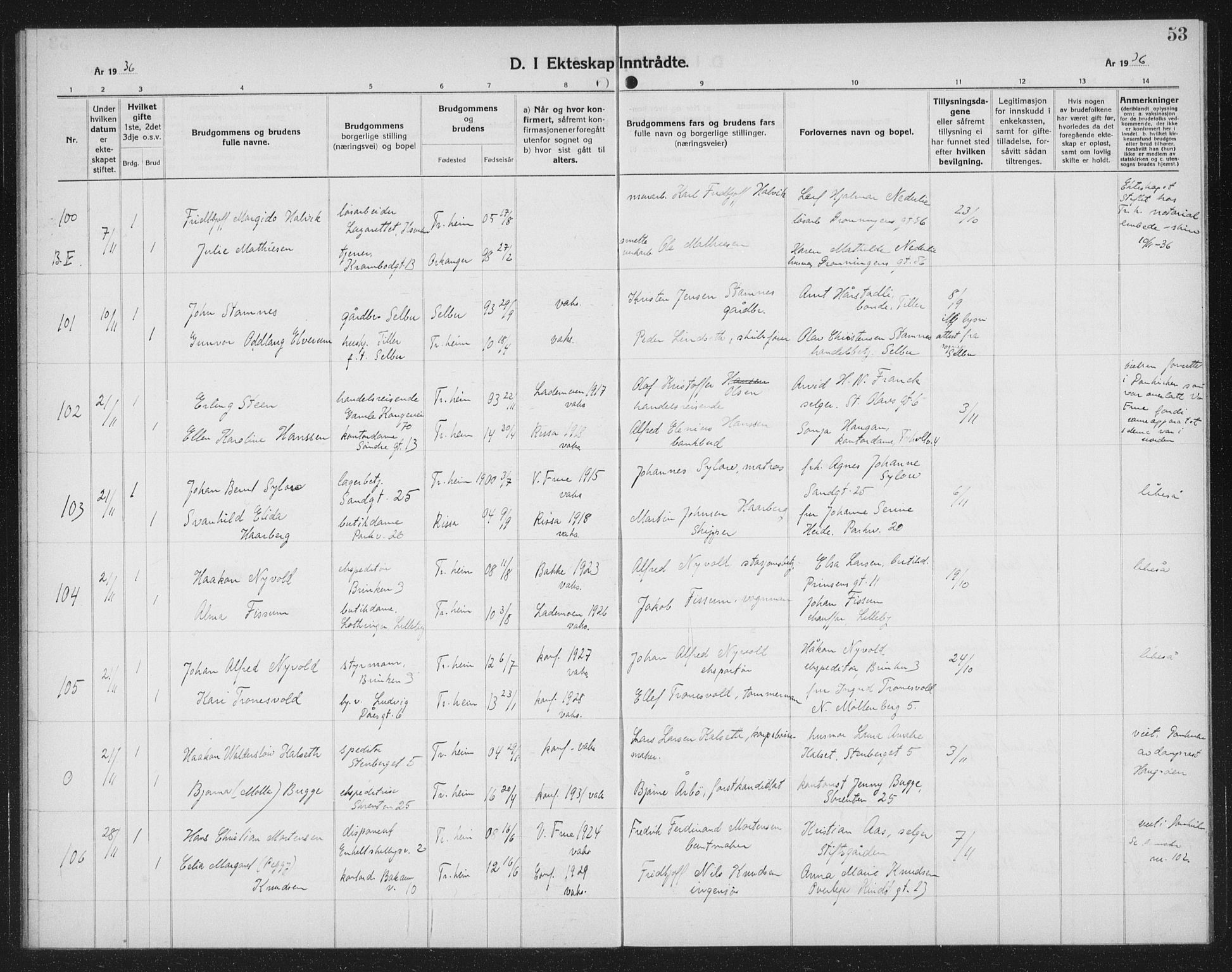 Ministerialprotokoller, klokkerbøker og fødselsregistre - Sør-Trøndelag, AV/SAT-A-1456/602/L0152: Parish register (copy) no. 602C20, 1933-1940, p. 53