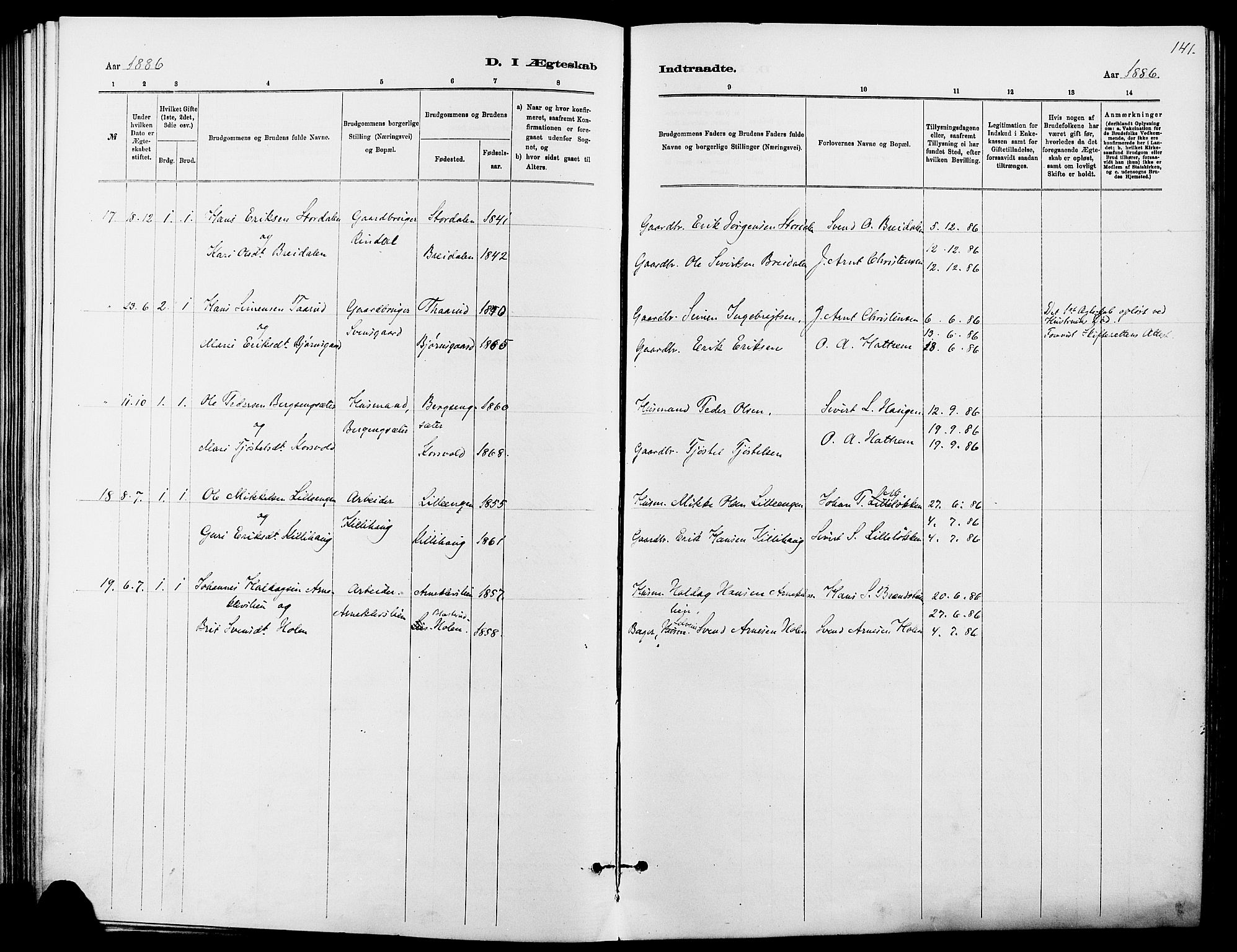 Dovre prestekontor, AV/SAH-PREST-066/H/Ha/Haa/L0002: Parish register (official) no. 2, 1879-1890, p. 141