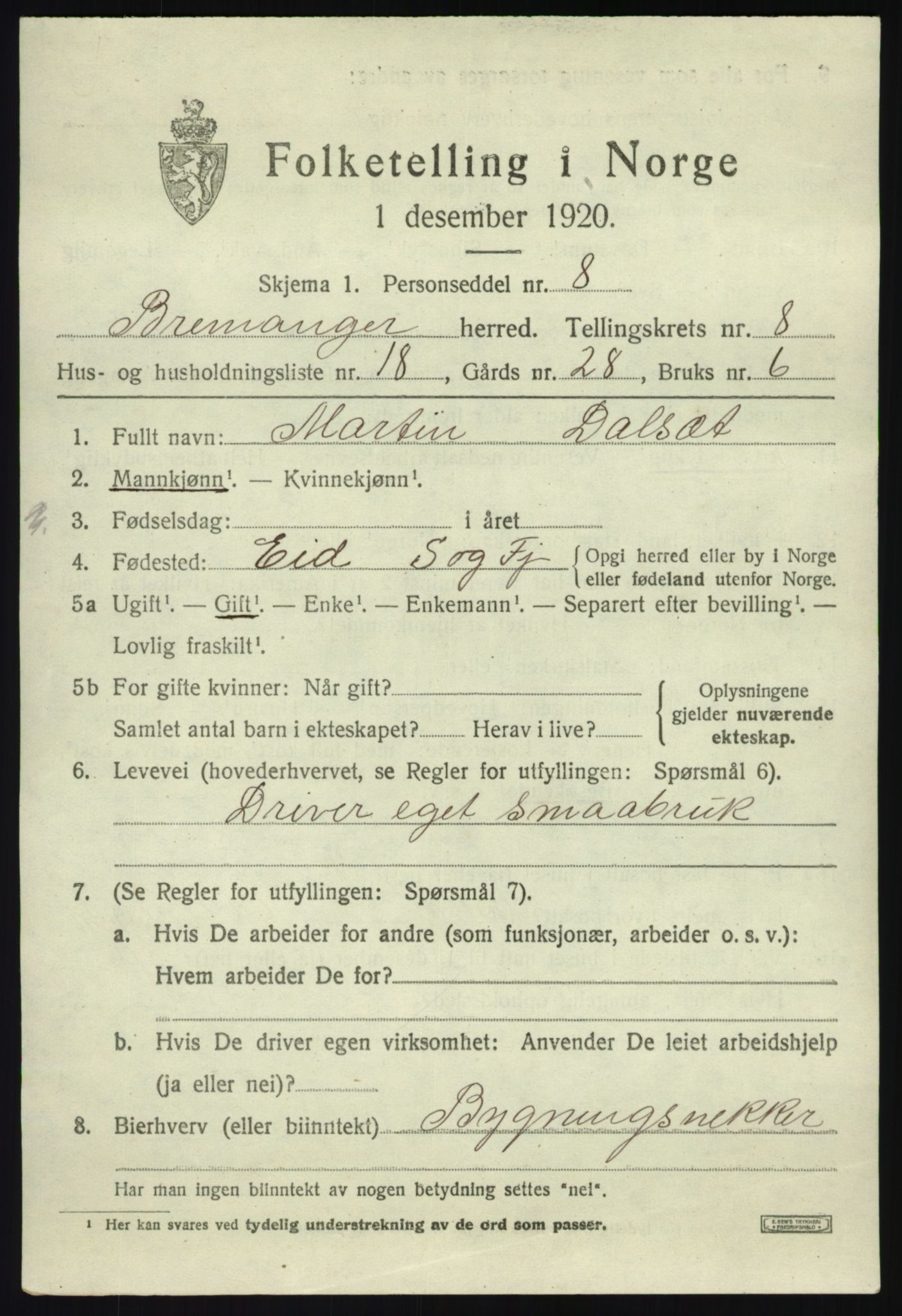 SAB, 1920 census for Bremanger, 1920, p. 5016