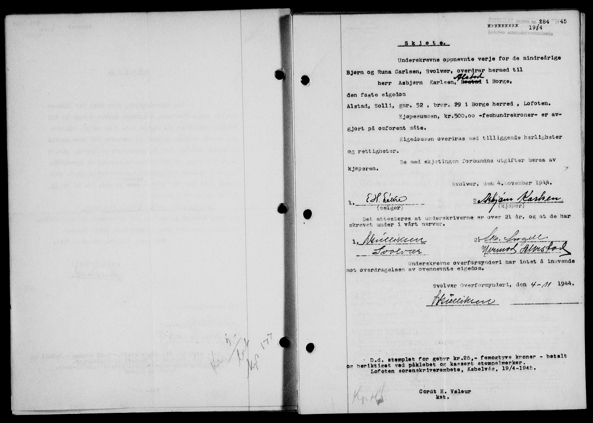 Lofoten sorenskriveri, SAT/A-0017/1/2/2C/L0013a: Mortgage book no. 13a, 1944-1946, Diary no: : 284/1945