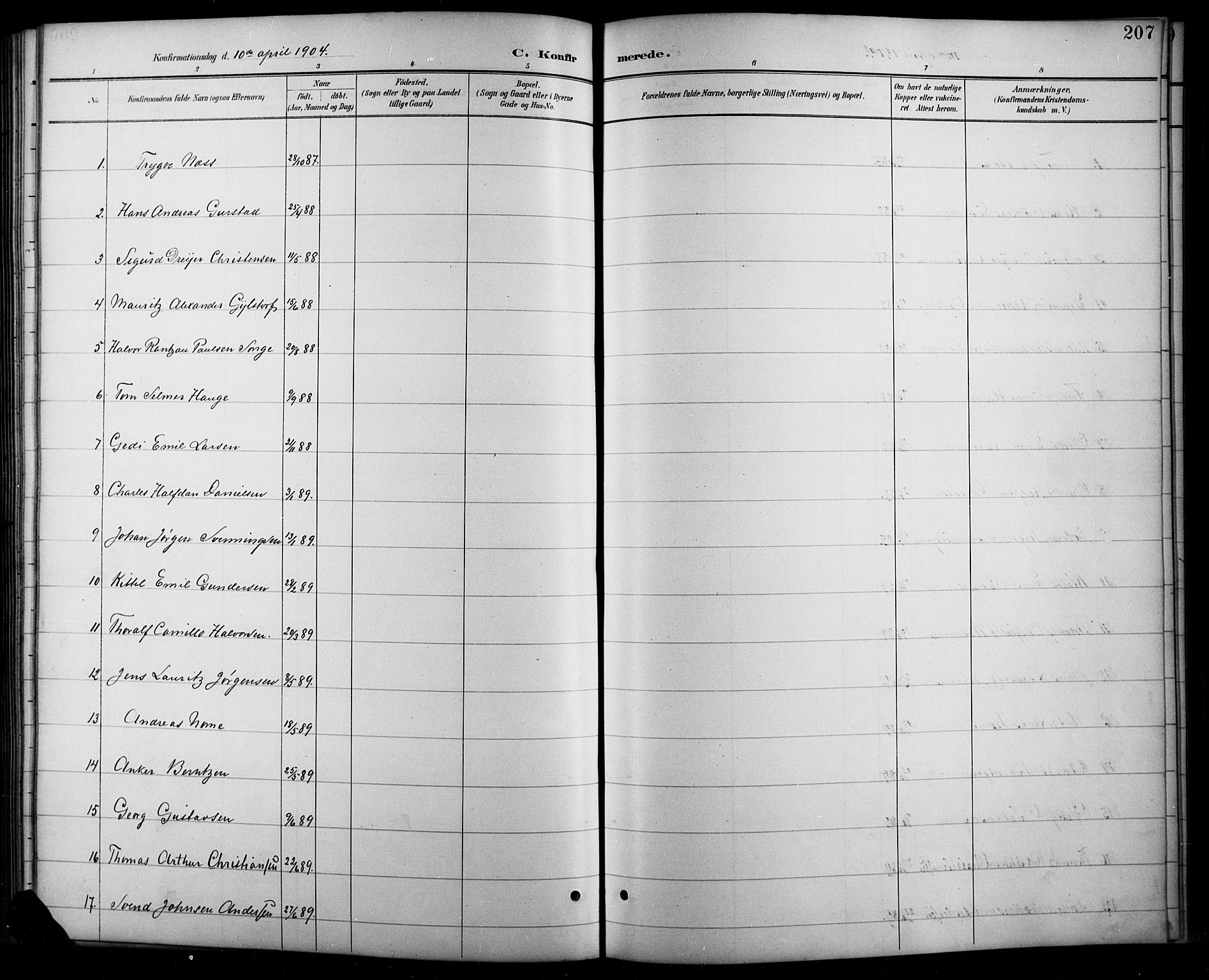 Arendal sokneprestkontor, Trefoldighet, AV/SAK-1111-0040/F/Fb/L0006: Parish register (copy) no. B 6, 1889-1916, p. 207