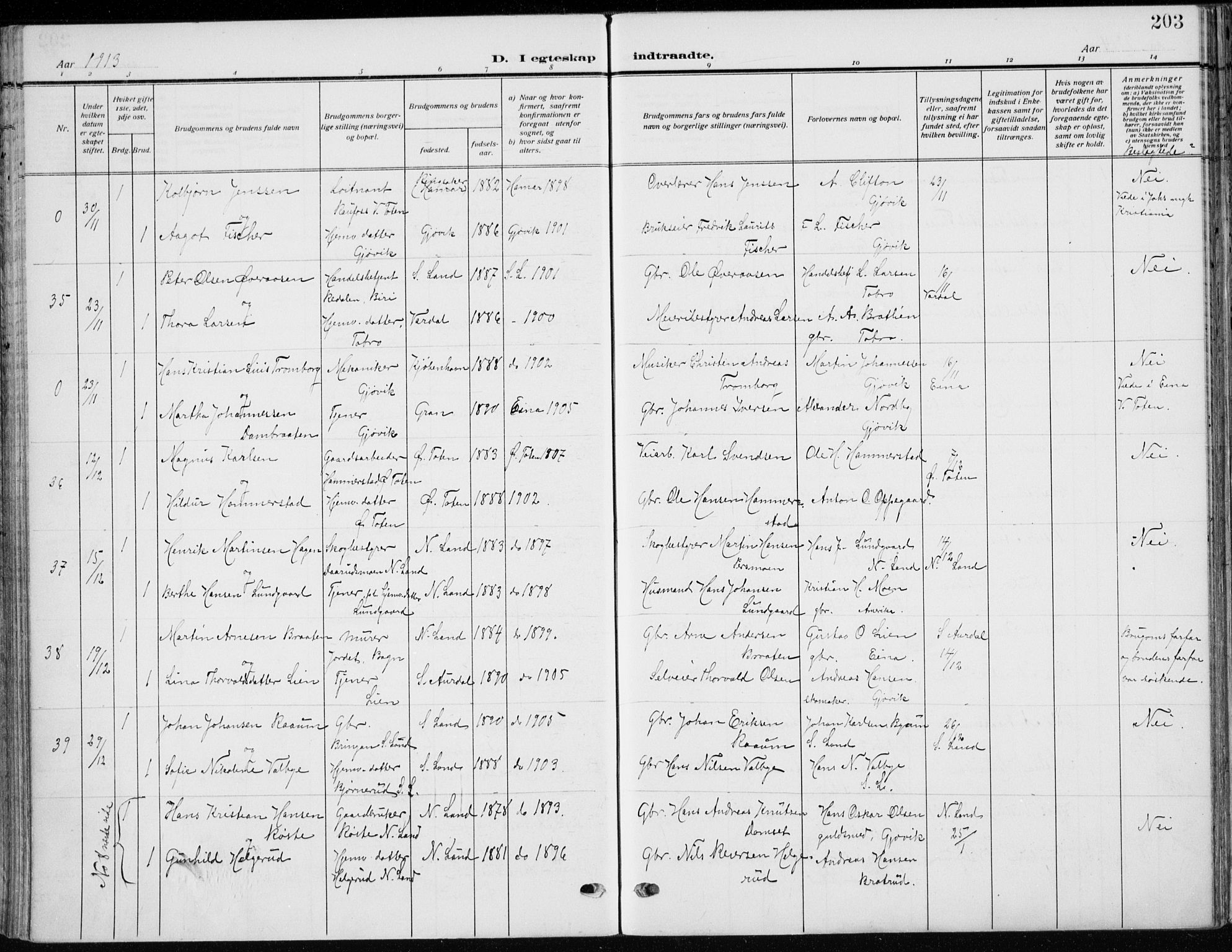 Vardal prestekontor, SAH/PREST-100/H/Ha/Haa/L0014: Parish register (official) no. 14, 1912-1922, p. 203