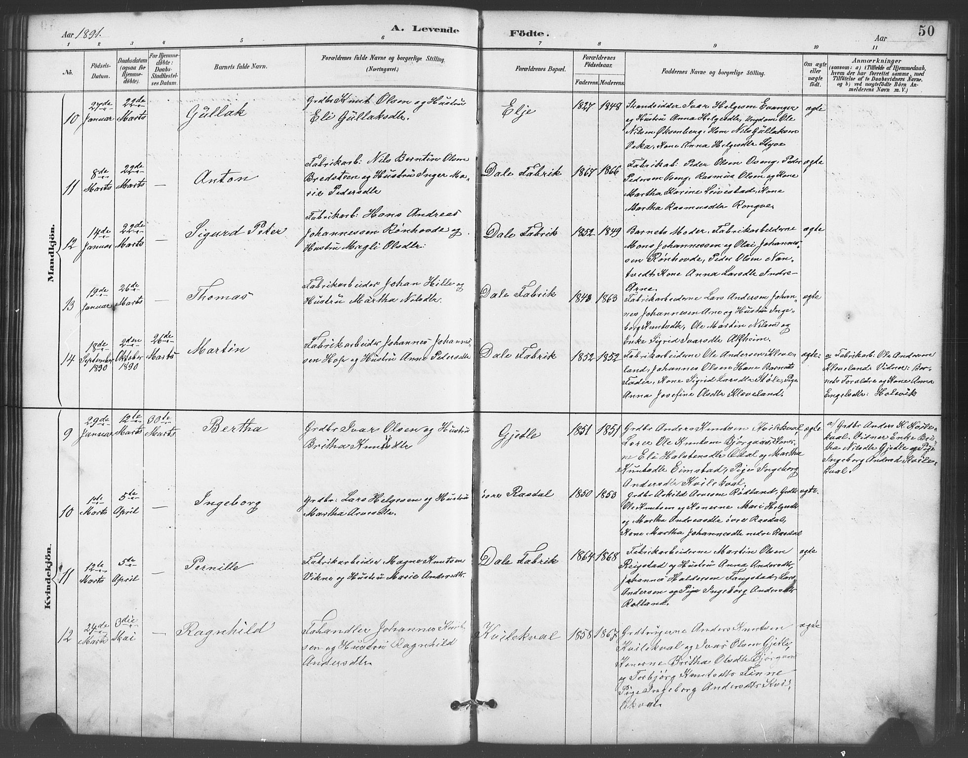 Evanger sokneprestembete, AV/SAB-A-99924: Parish register (copy) no. A 4, 1887-1897, p. 50