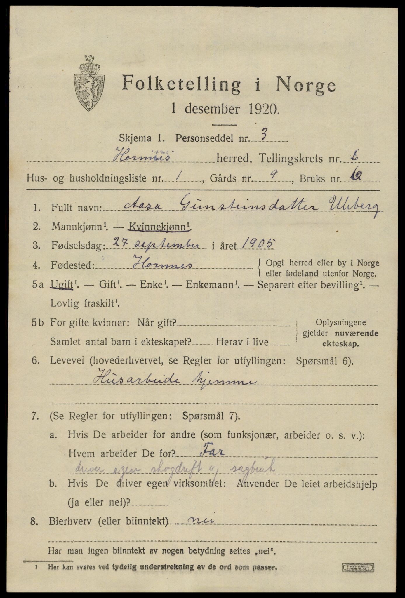 SAK, 1920 census for Hornnes, 1920, p. 1561