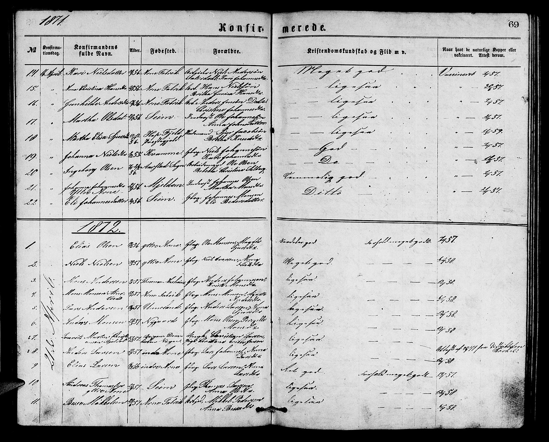 Arna Sokneprestembete, SAB/A-74001/H/Ha/Hab: Parish register (copy) no. A 1, 1869-1879, p. 69