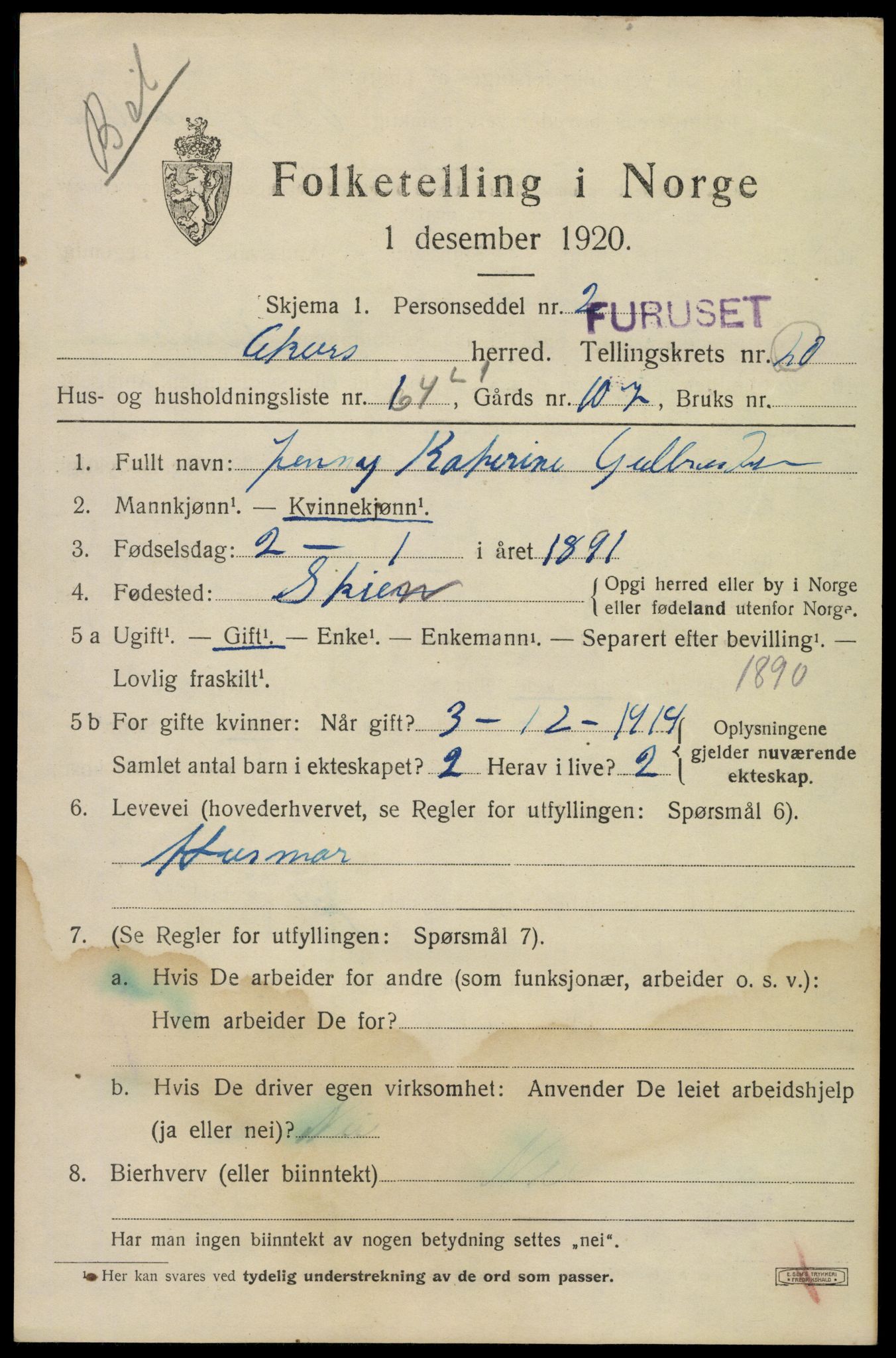 SAO, 1920 census for Aker, 1920, p. 125322