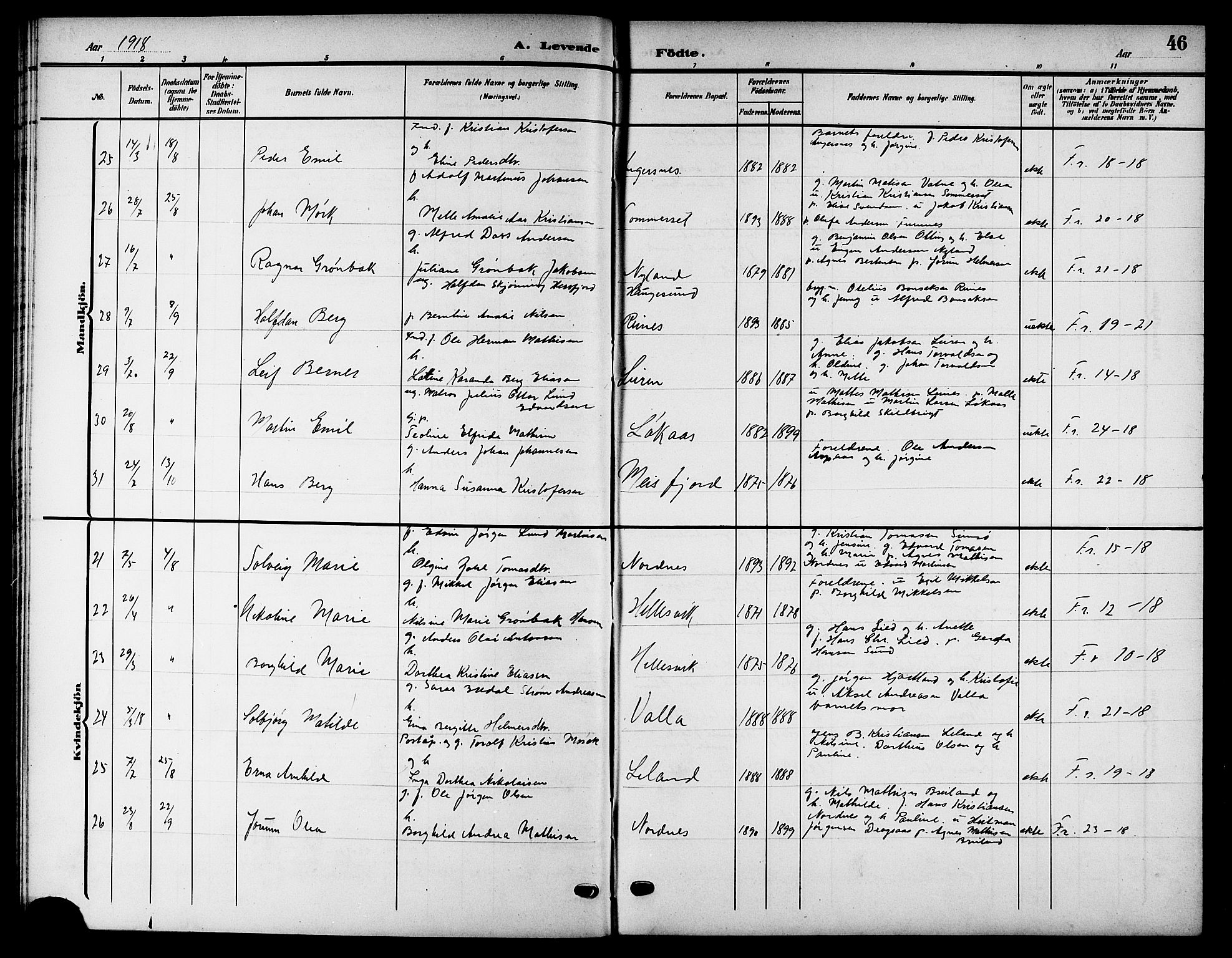 Ministerialprotokoller, klokkerbøker og fødselsregistre - Nordland, AV/SAT-A-1459/832/L0494: Parish register (copy) no. 832C01, 1906-1922, p. 46