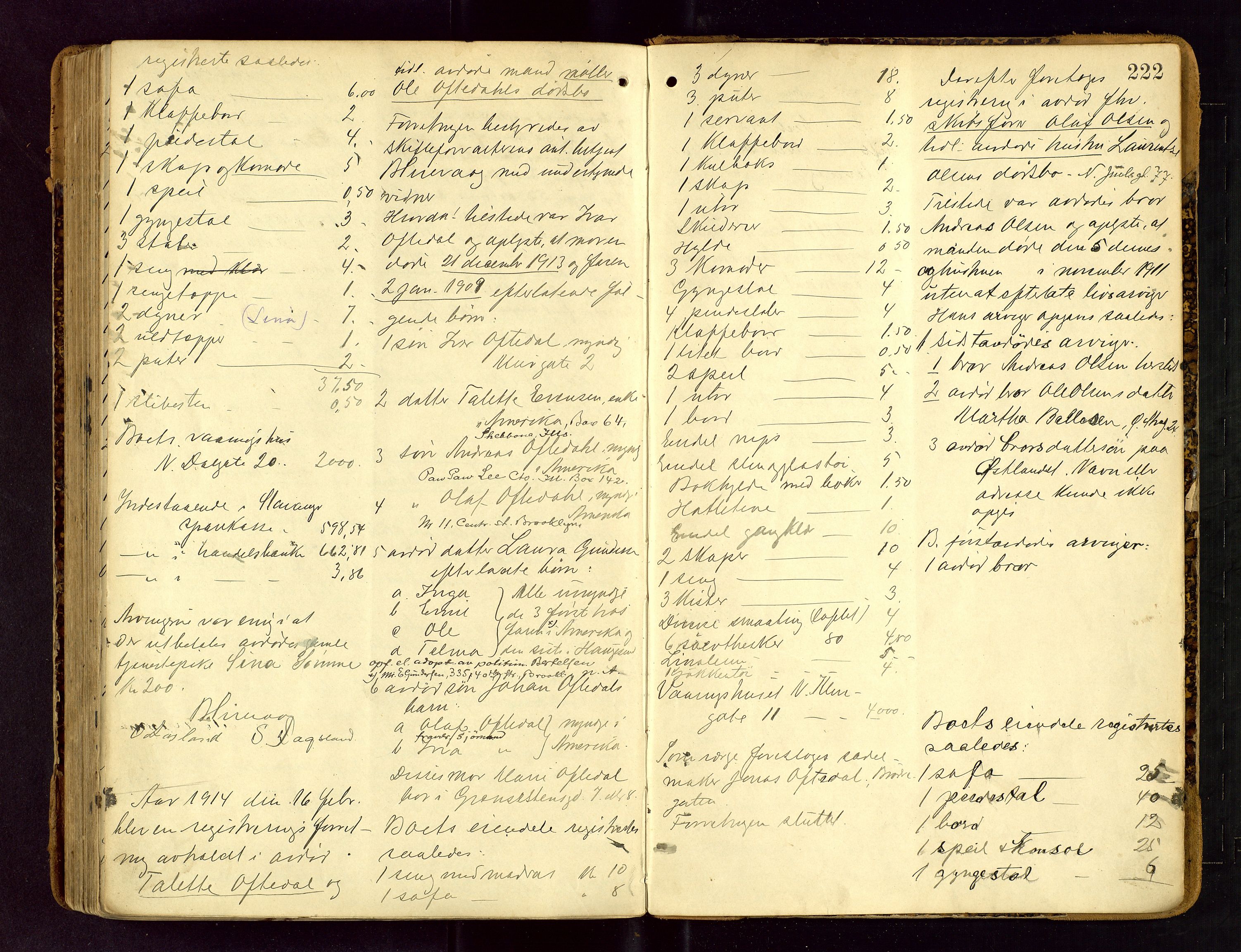 Stavanger skifteforvalter, AV/SAST-A-101412/001/5/53/533BA/L0002: Registreringsprotokoll, 1902-1914, p. 222
