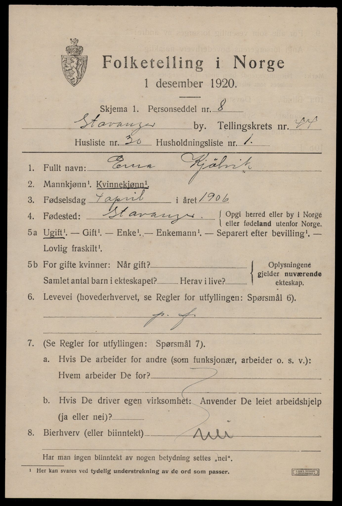 SAST, 1920 census for Stavanger, 1920, p. 108870