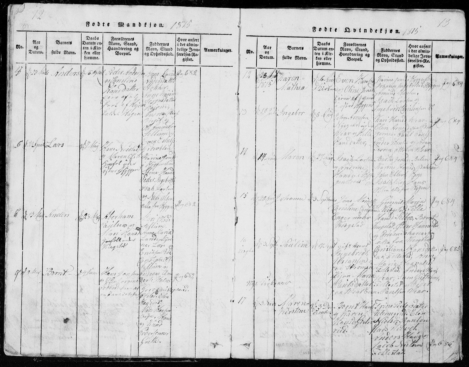 Røyken kirkebøker, SAKO/A-241/G/Ga/L0003: Parish register (copy) no. 3, 1814-1856, p. 12-13