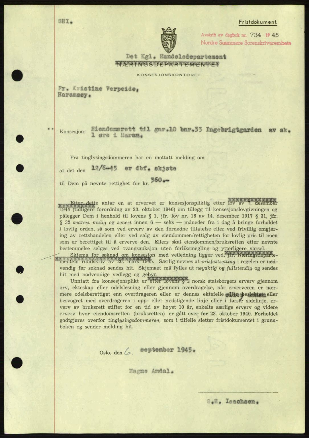 Nordre Sunnmøre sorenskriveri, SAT/A-0006/1/2/2C/2Ca: Mortgage book no. B6-14 a, 1942-1945, Diary no: : 734/1945
