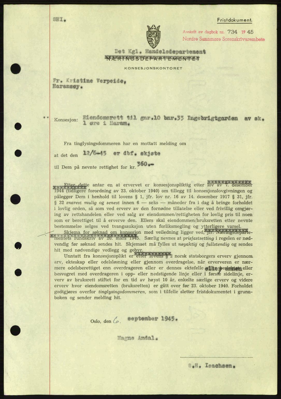 Nordre Sunnmøre sorenskriveri, AV/SAT-A-0006/1/2/2C/2Ca: Mortgage book no. B6-14 a, 1942-1945, Diary no: : 734/1945