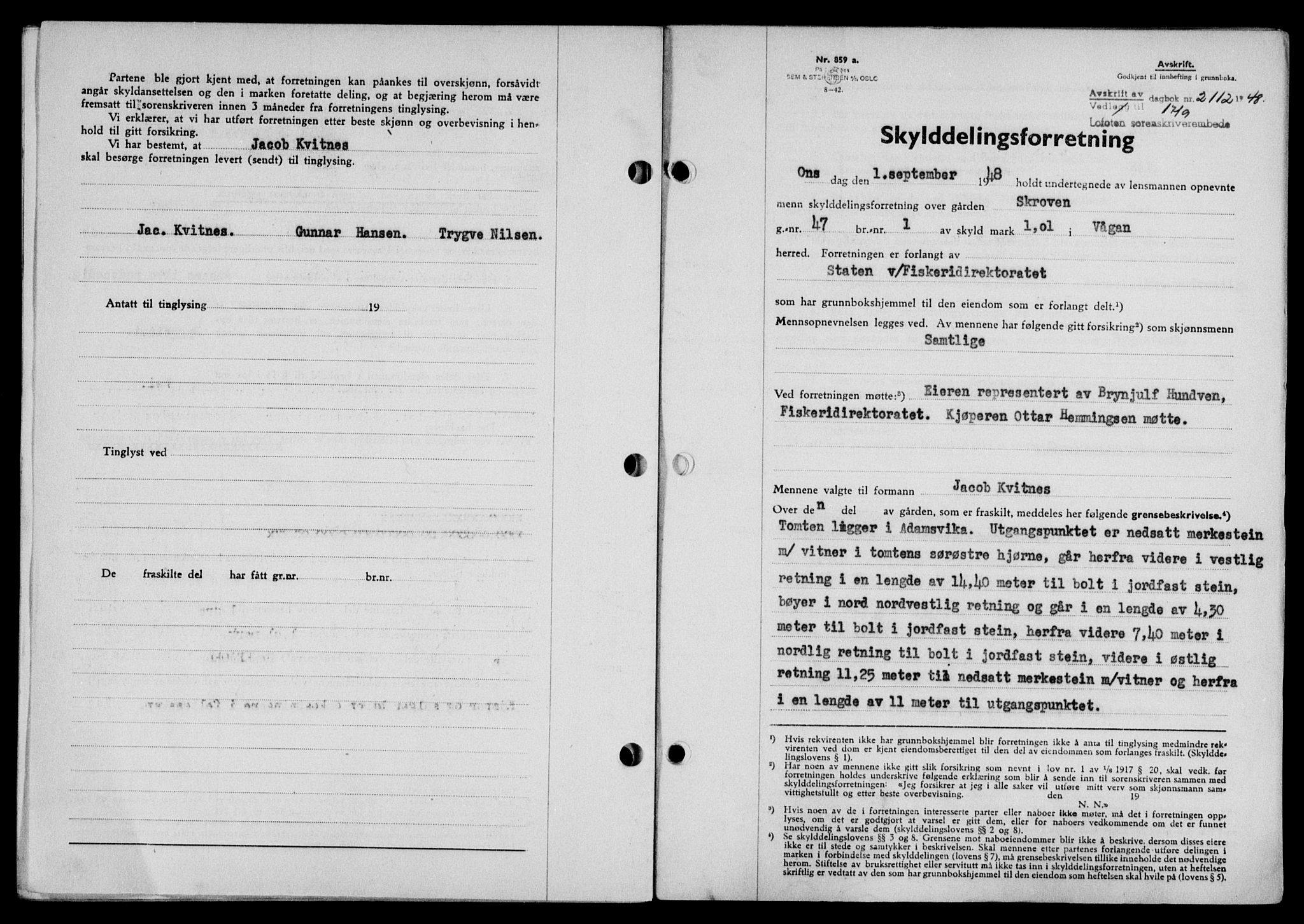 Lofoten sorenskriveri, SAT/A-0017/1/2/2C/L0019a: Mortgage book no. 19a, 1948-1948, Diary no: : 2112/1948