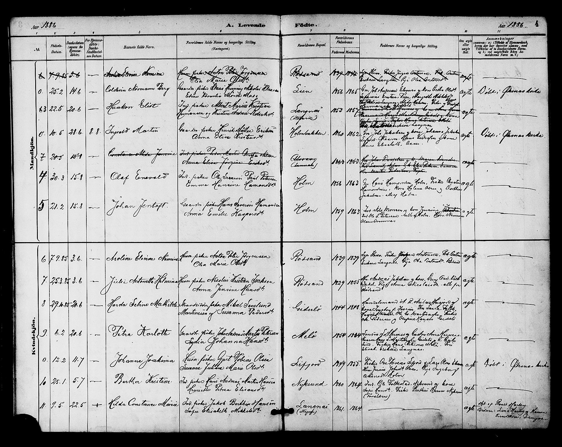 Ministerialprotokoller, klokkerbøker og fødselsregistre - Nordland, AV/SAT-A-1459/894/L1355: Parish register (official) no. 894A01, 1885-1896, p. 4