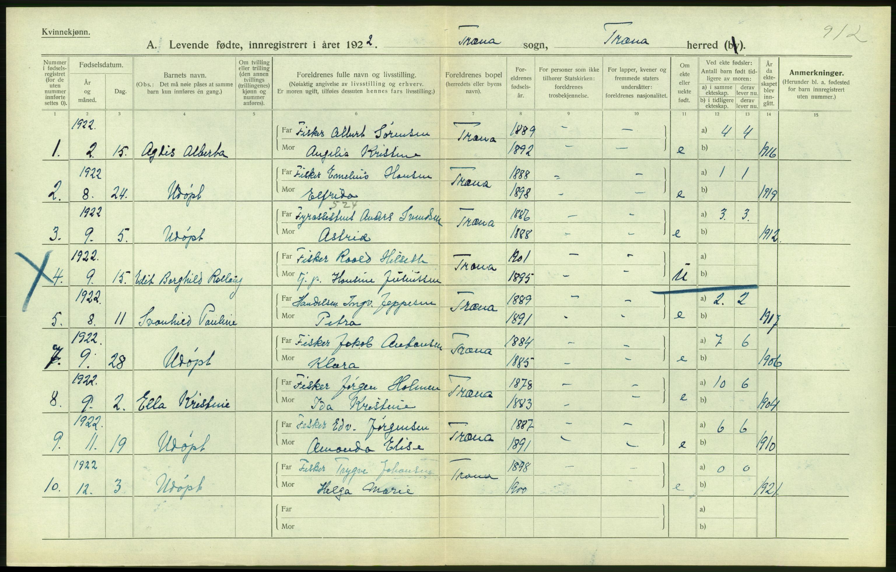 Statistisk sentralbyrå, Sosiodemografiske emner, Befolkning, AV/RA-S-2228/D/Df/Dfc/Dfcb/L0044: Nordland fylke: Levendefødte menn og kvinner. Bygder og byer., 1922, p. 312