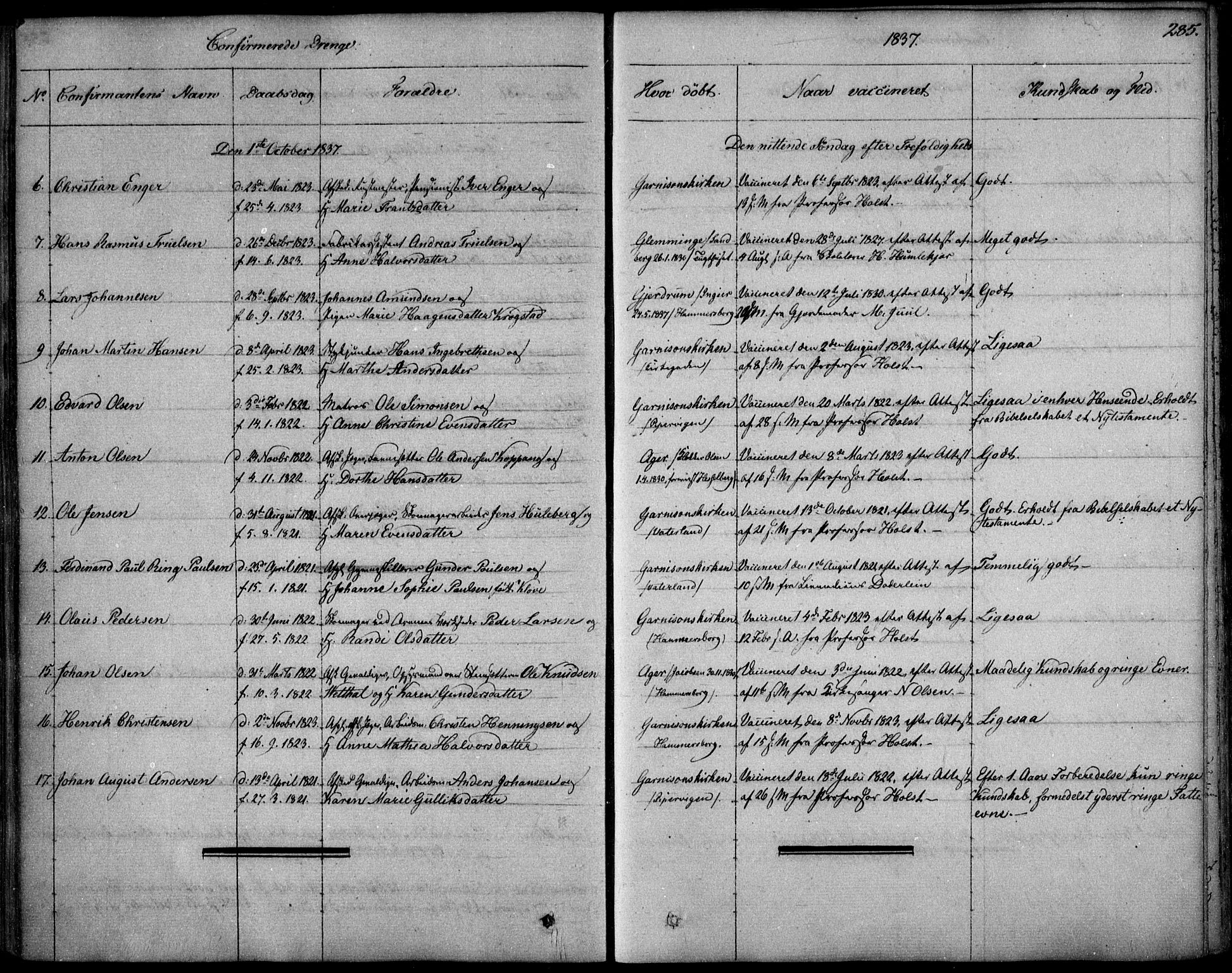 Garnisonsmenigheten Kirkebøker, SAO/A-10846/F/Fa/L0006: Parish register (official) no. 6, 1828-1841, p. 285