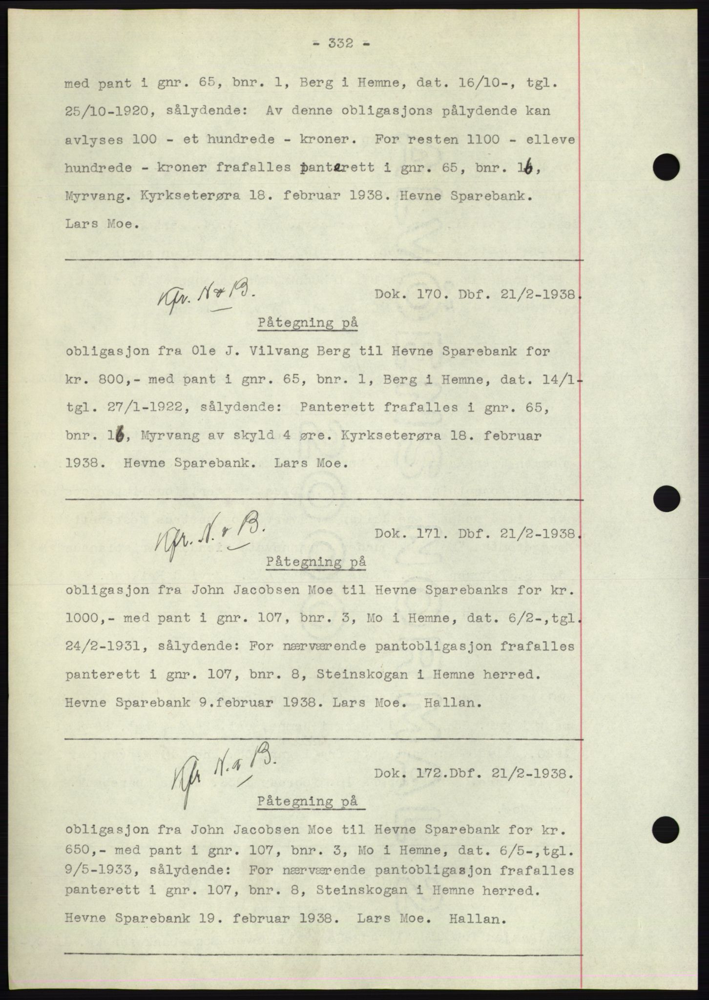 Hitra sorenskriveri, AV/SAT-A-0018/2/2C/2Ca: Mortgage book no. C1, 1936-1945, Diary no: : 170/1938