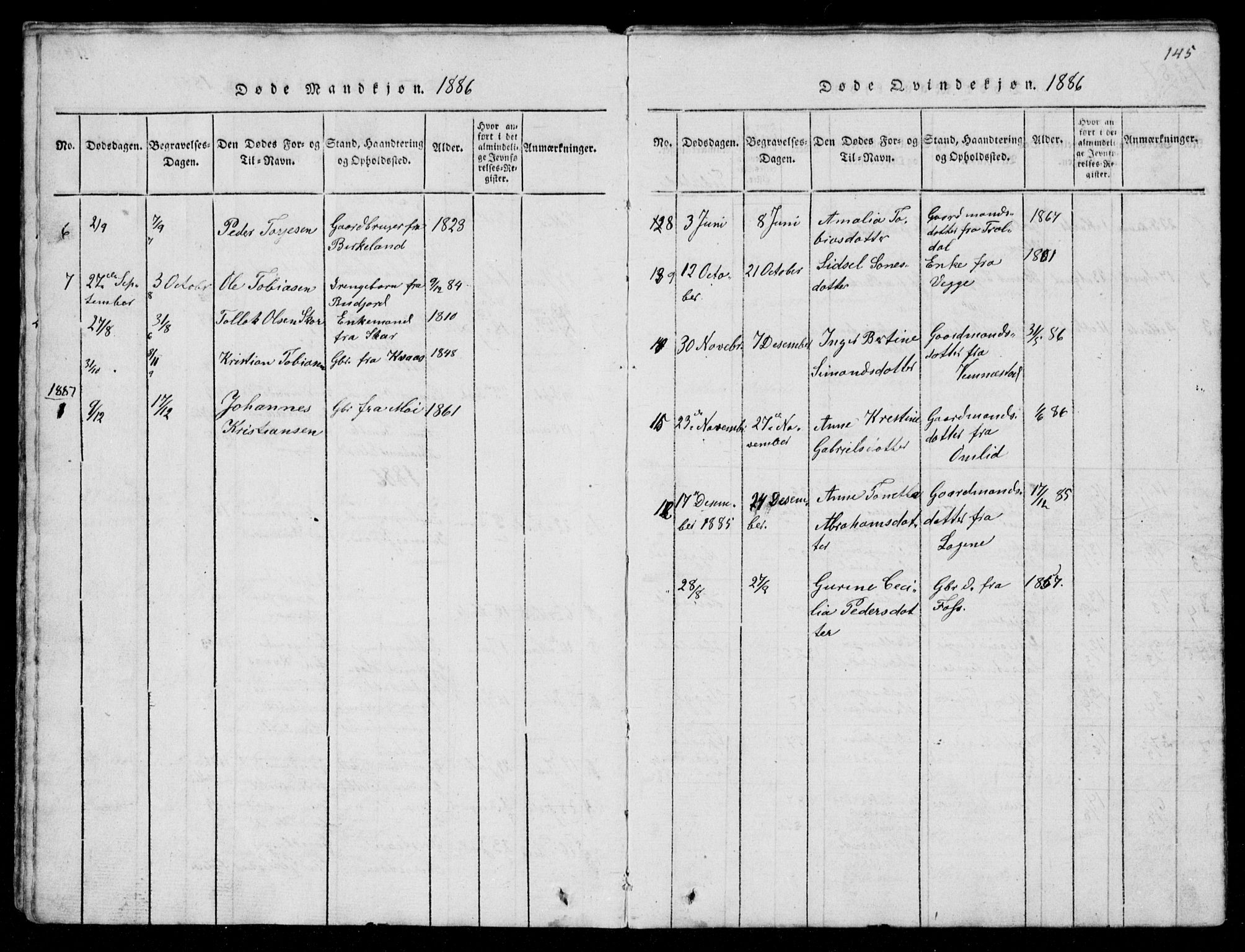 Lyngdal sokneprestkontor, AV/SAK-1111-0029/F/Fb/Fbb/L0001: Parish register (copy) no. B 1, 1816-1900, p. 145