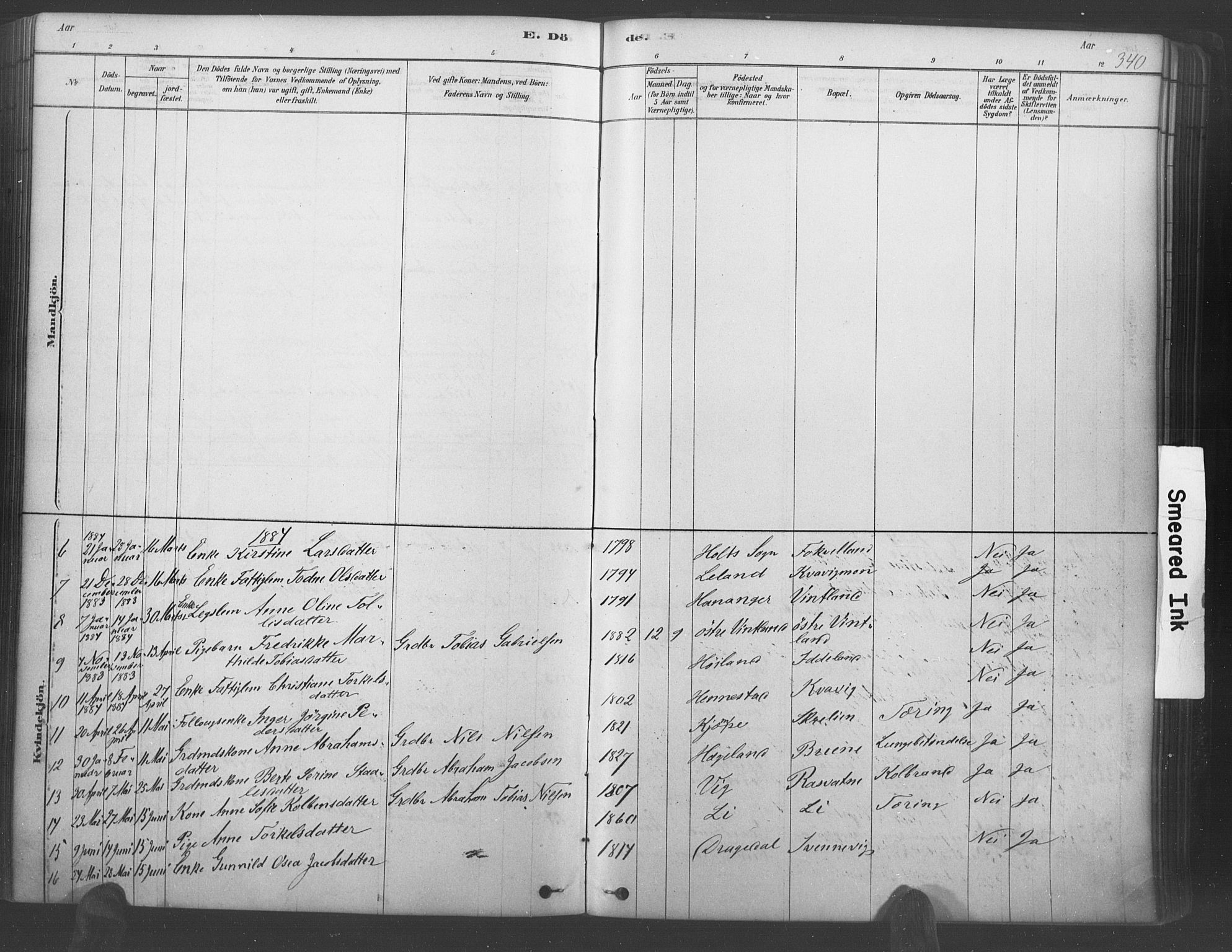 Lyngdal sokneprestkontor, AV/SAK-1111-0029/F/Fa/Fac/L0011: Parish register (official) no. A 11, 1878-1893, p. 340