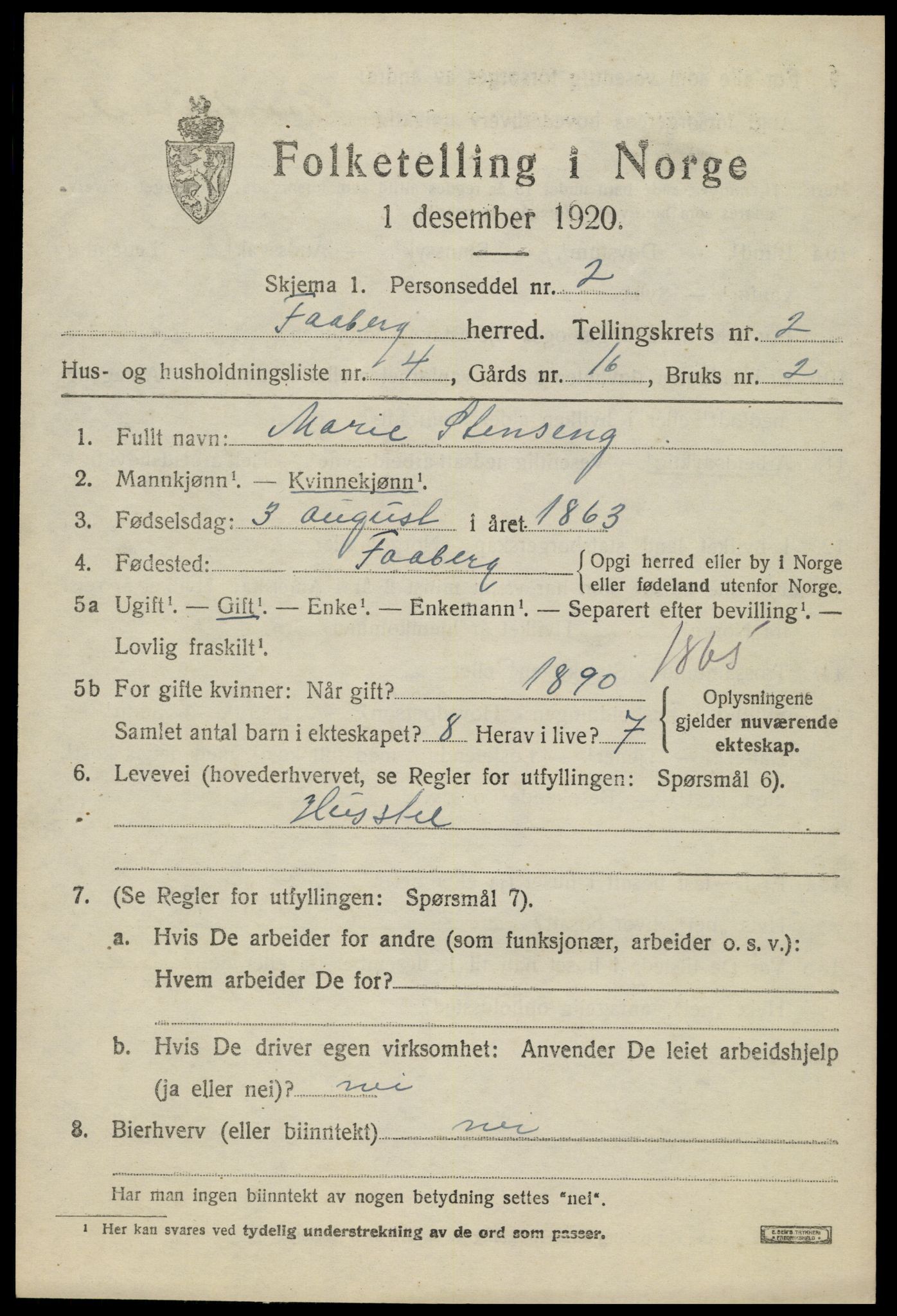 SAH, 1920 census for Fåberg, 1920, p. 3272