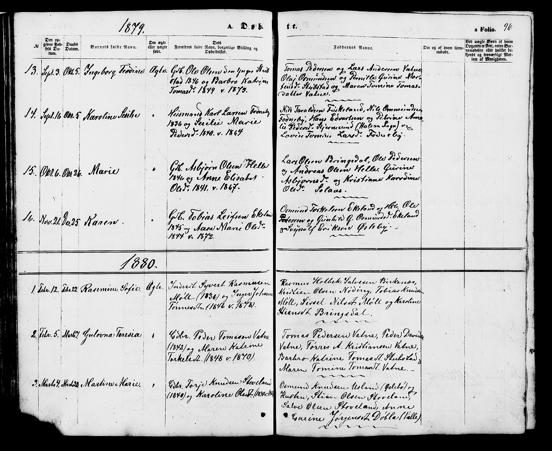 Holum sokneprestkontor, SAK/1111-0022/F/Fb/Fba/L0004: Parish register (copy) no. B 4, 1867-1890, p. 96