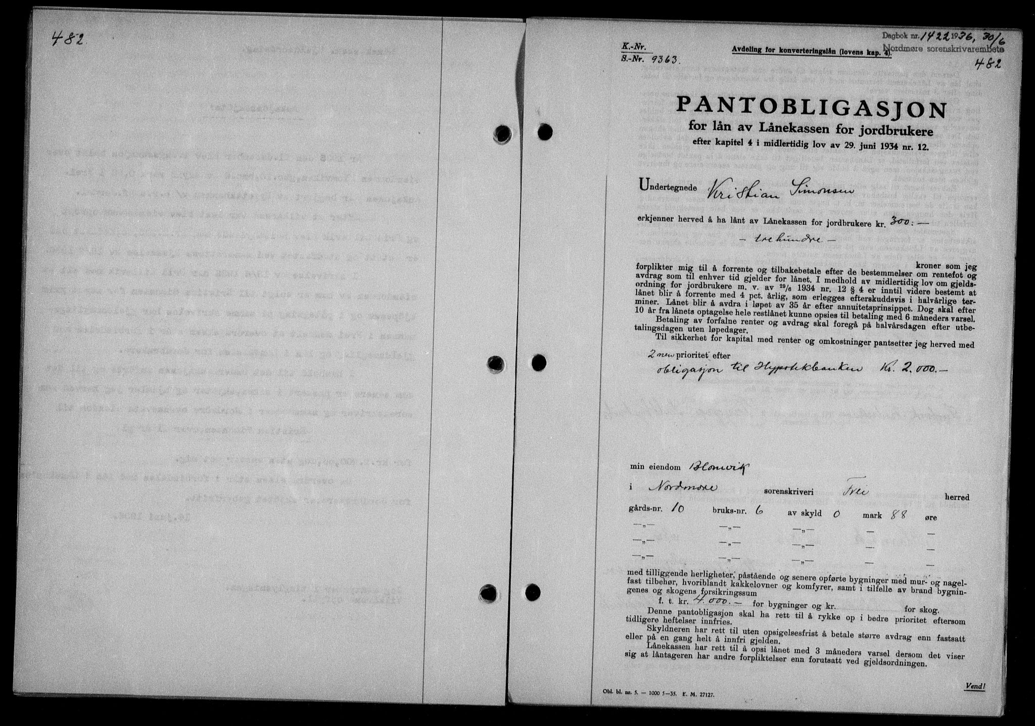 Nordmøre sorenskriveri, AV/SAT-A-4132/1/2/2Ca/L0088: Mortgage book no. 78, 1936-1936, Diary no: : 1422/1936