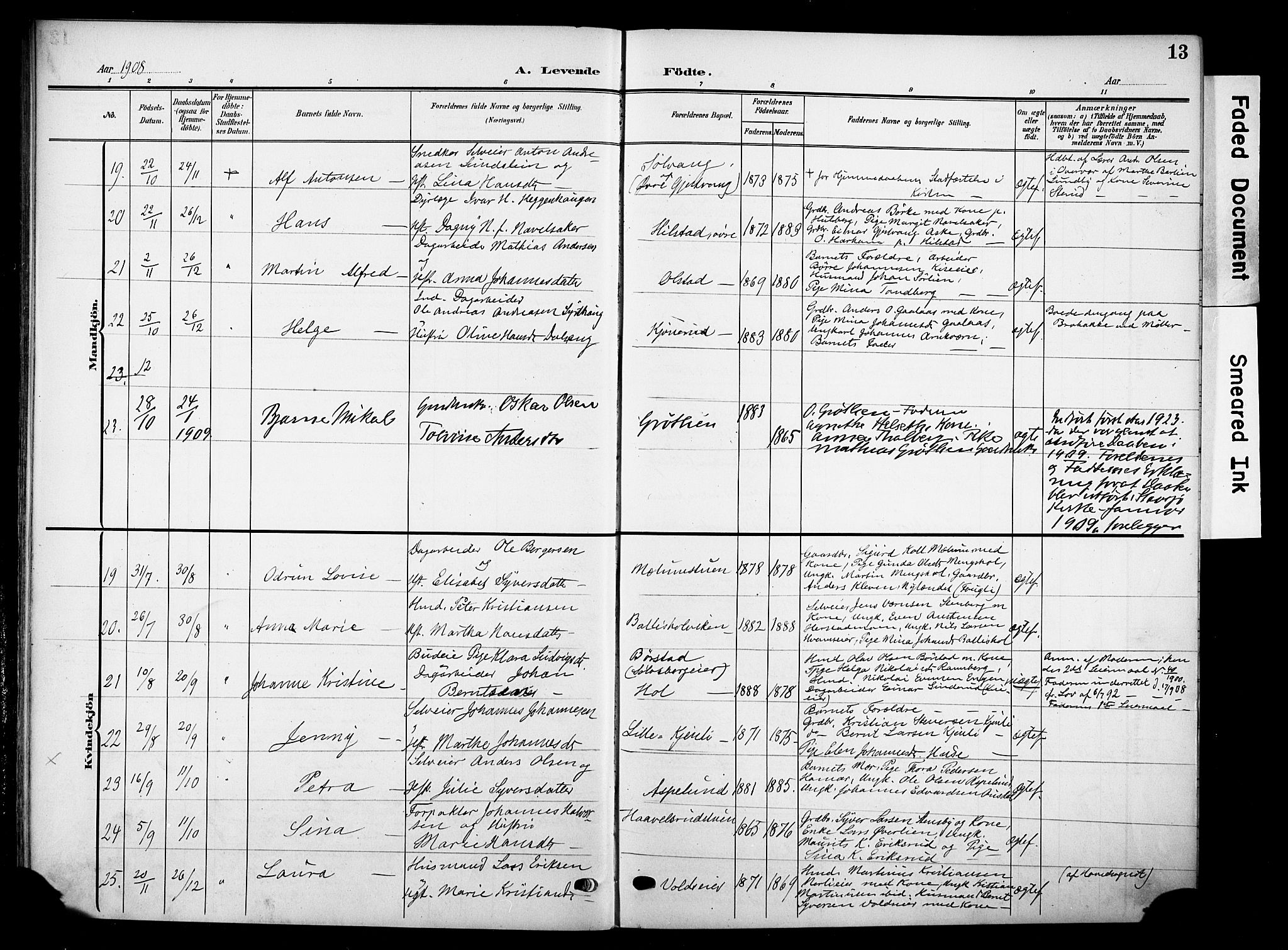 Nes prestekontor, Hedmark, SAH/PREST-020/K/Ka/L0013: Parish register (official) no. 13, 1906-1924, p. 13