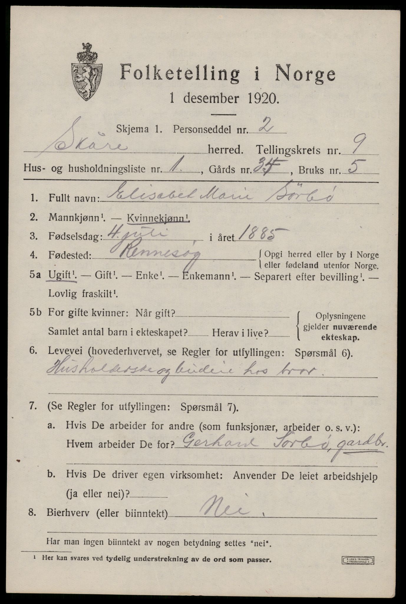 SAST, 1920 census for Skåre, 1920, p. 6832