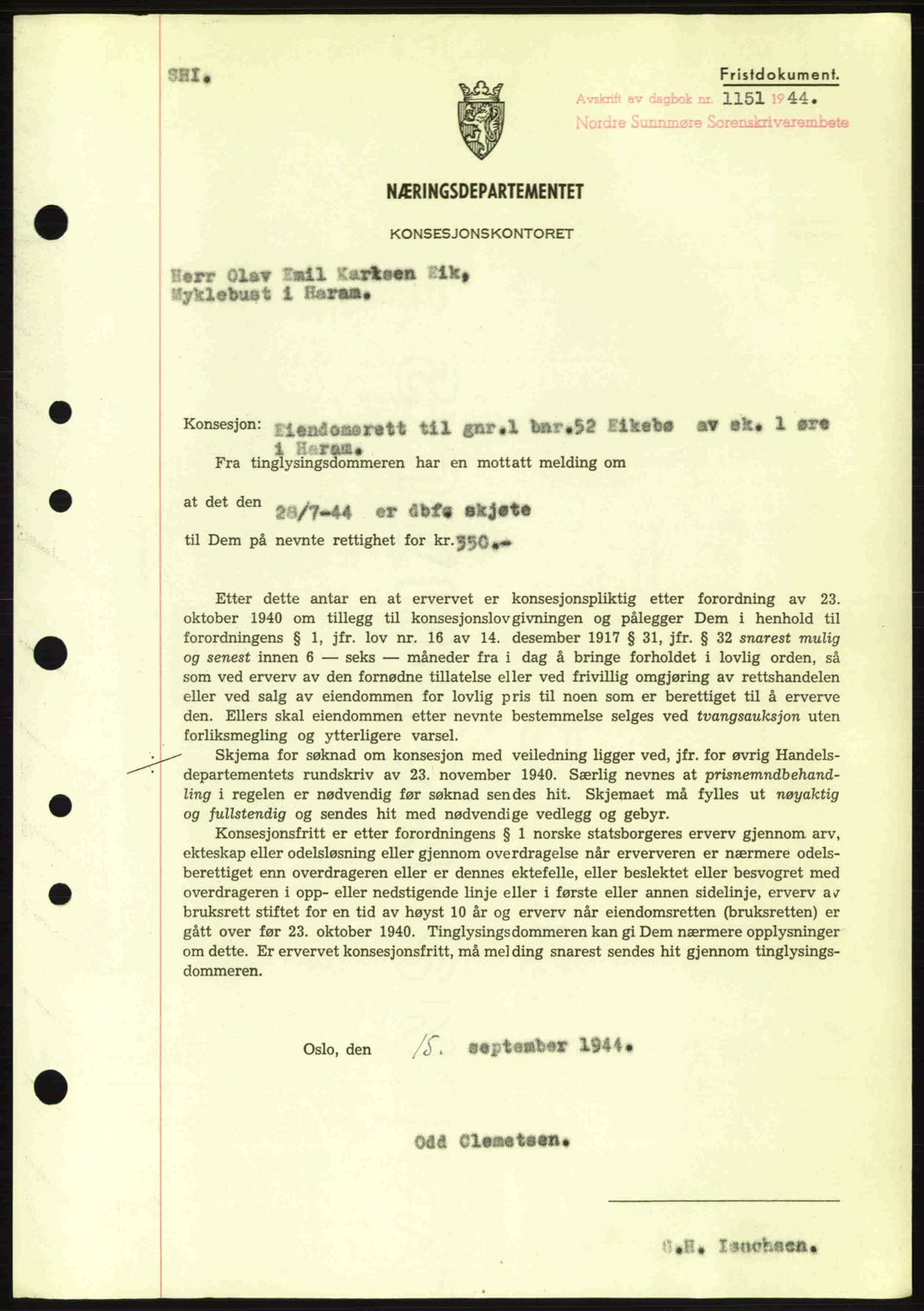 Nordre Sunnmøre sorenskriveri, SAT/A-0006/1/2/2C/2Ca: Mortgage book no. B6-14 a, 1942-1945, Diary no: : 1151/1944