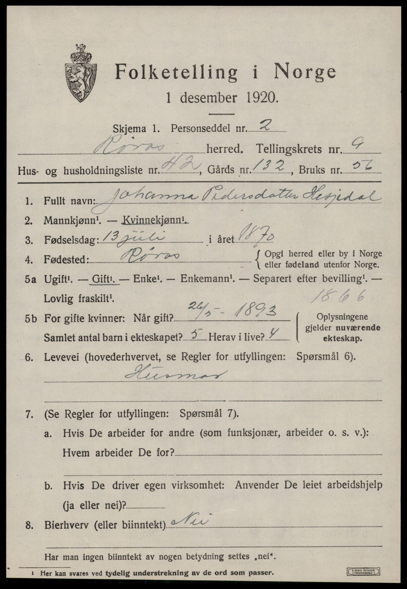 SAT, 1920 census for Røros, 1920, p. 8158