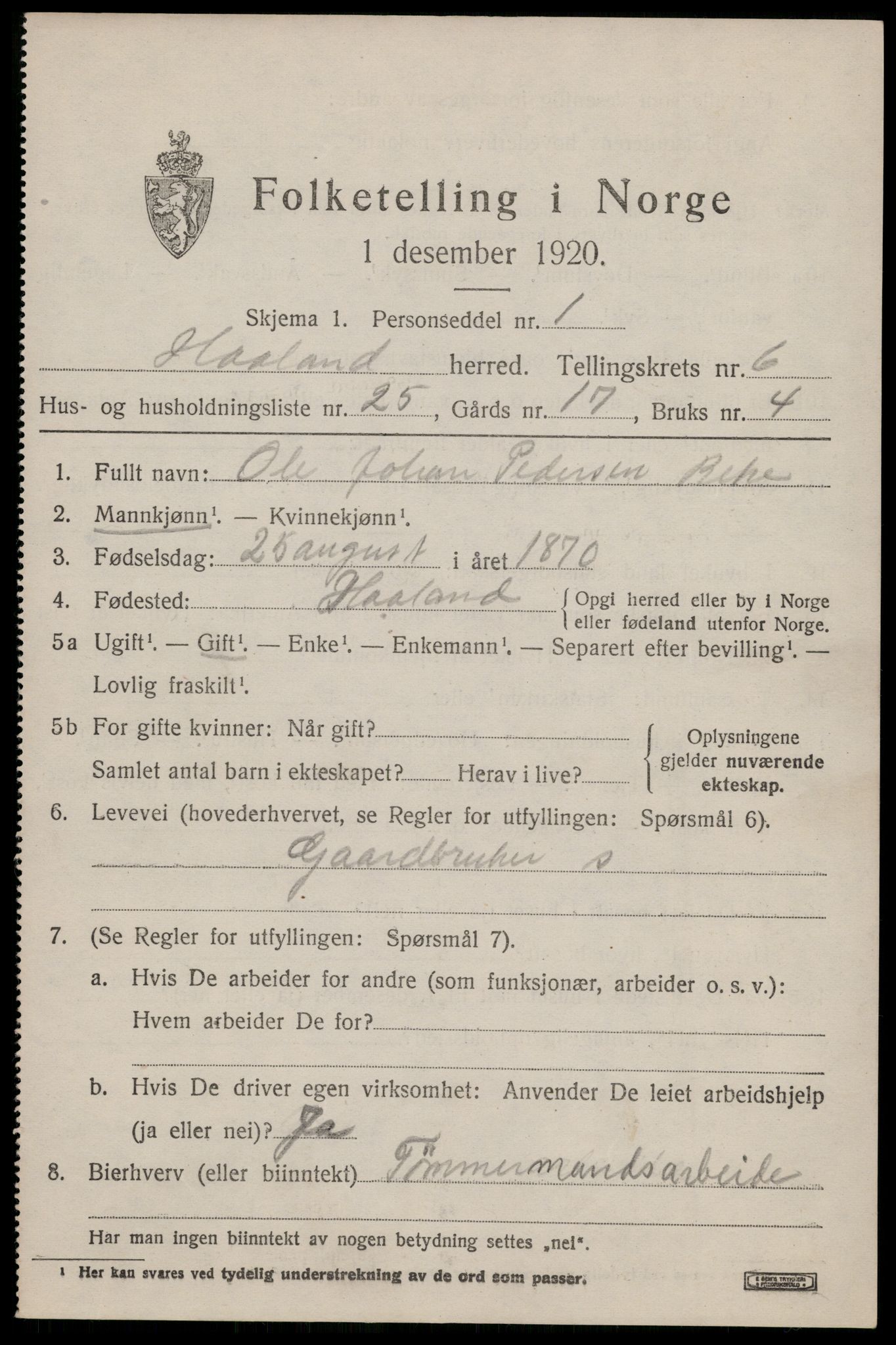 SAST, 1920 census for Håland, 1920, p. 5277