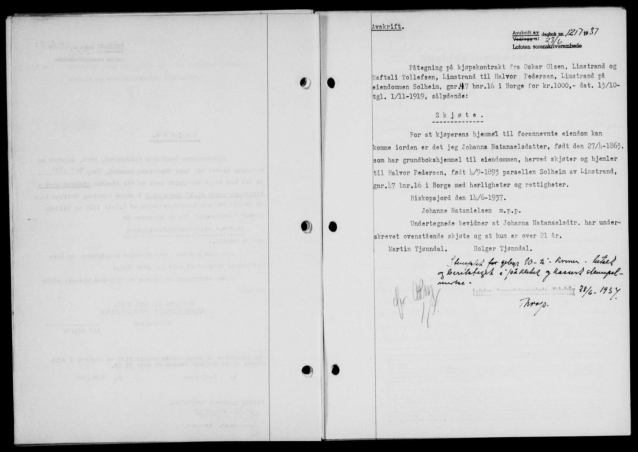 Lofoten sorenskriveri, SAT/A-0017/1/2/2C/L0002a: Mortgage book no. 2a, 1937-1937, Diary no: : 1217/1937