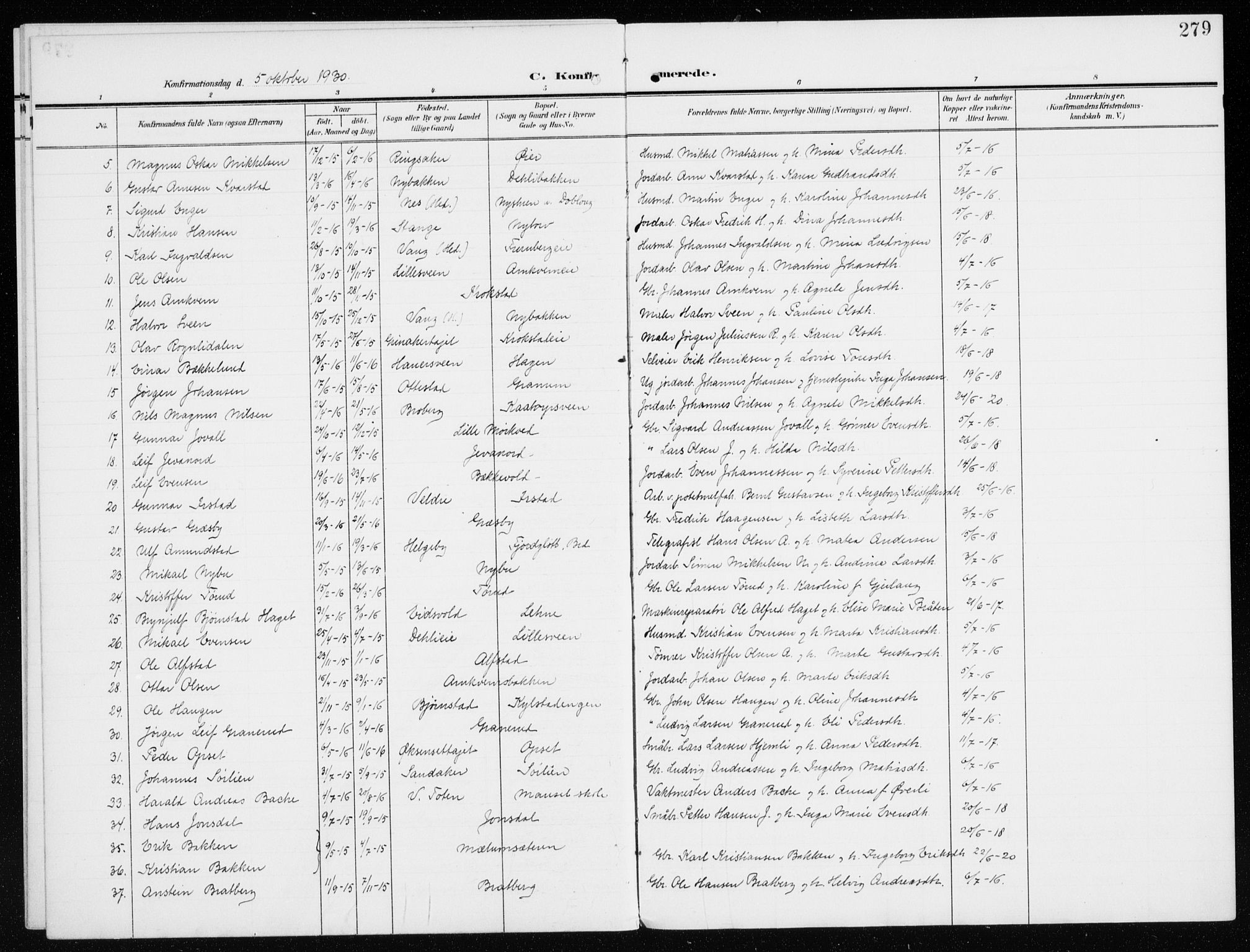Furnes prestekontor, SAH/PREST-012/K/Ka/L0001: Parish register (official) no. 1, 1907-1935, p. 279