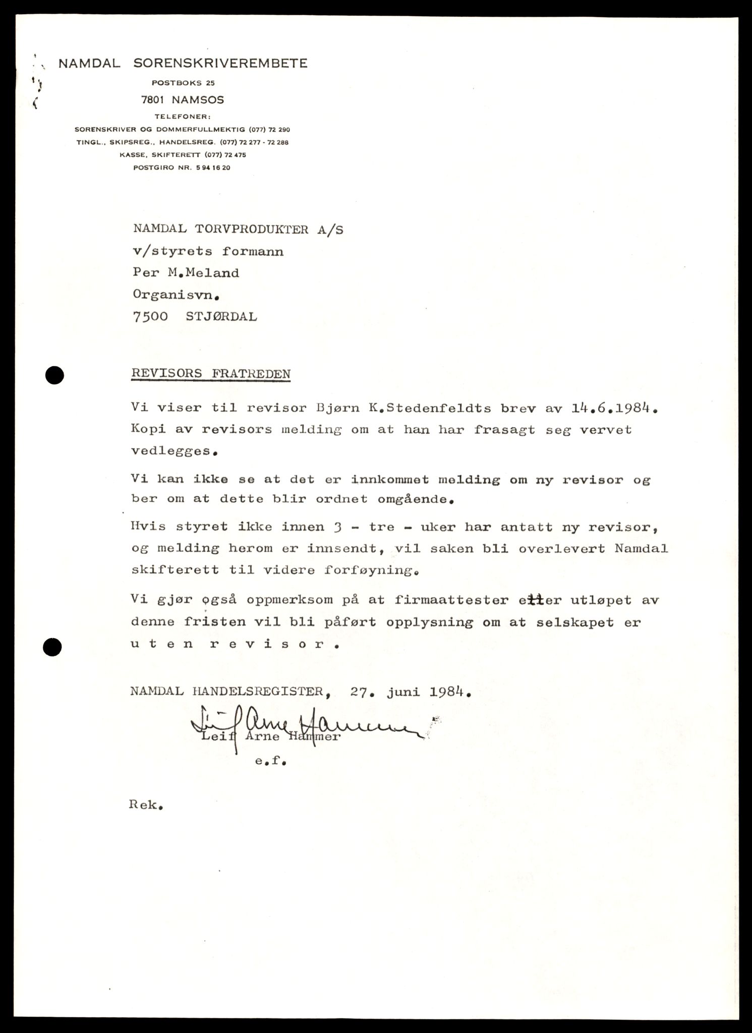 Namdal sorenskriveri, AV/SAT-A-4133/2/J/Jd/Jda/L0015: Bilag. Korrespondanse vedrørende registrering, 1984-1986, p. 3