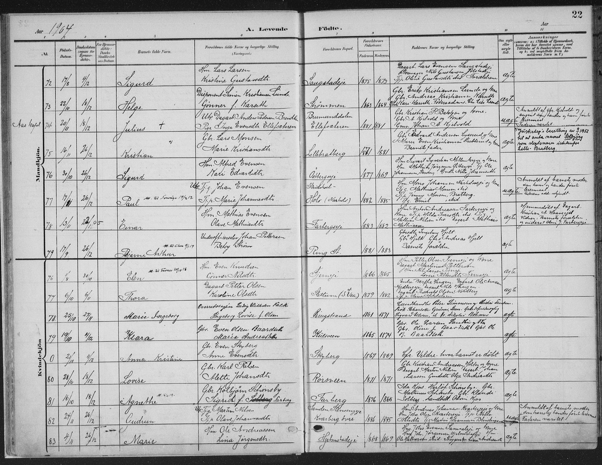 Ringsaker prestekontor, AV/SAH-PREST-014/K/Ka/L0018: Parish register (official) no. 18, 1903-1912, p. 22