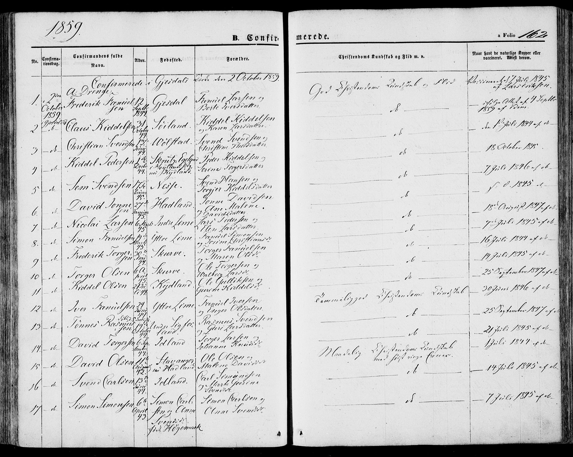 Lye sokneprestkontor, AV/SAST-A-101794/001/30BA/L0007: Parish register (official) no. A 6, 1856-1871, p. 162