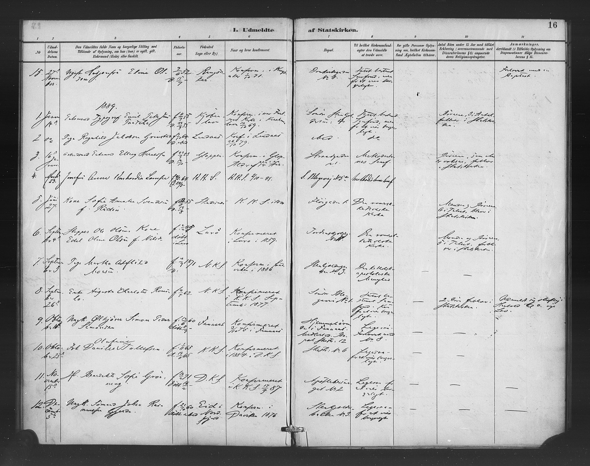 Korskirken sokneprestembete, SAB/A-76101/H/Haa/L0052: Parish register (official) no. G 2, 1887-1899, p. 16