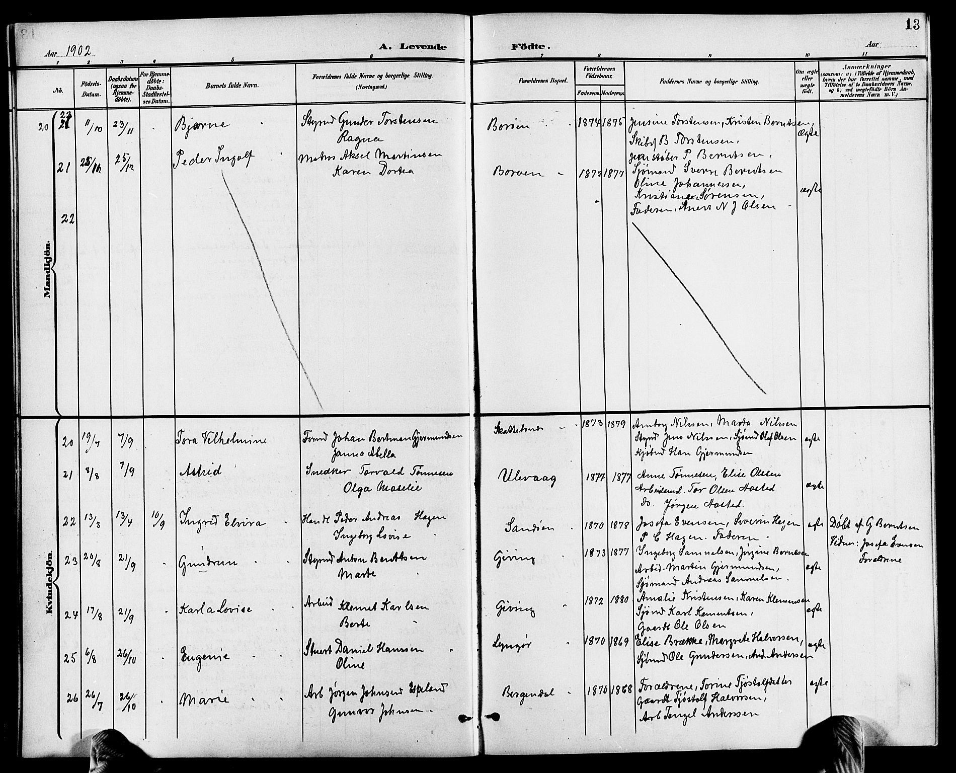 Dypvåg sokneprestkontor, AV/SAK-1111-0007/F/Fb/Fba/L0014: Parish register (copy) no. B 14, 1901-1922, p. 13