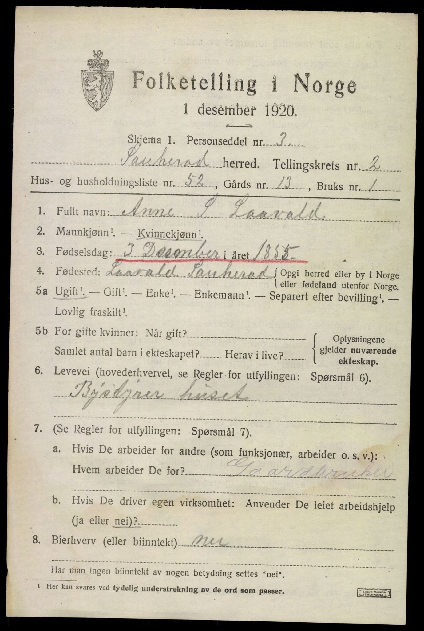 SAKO, 1920 census for Sauherad, 1920, p. 2873