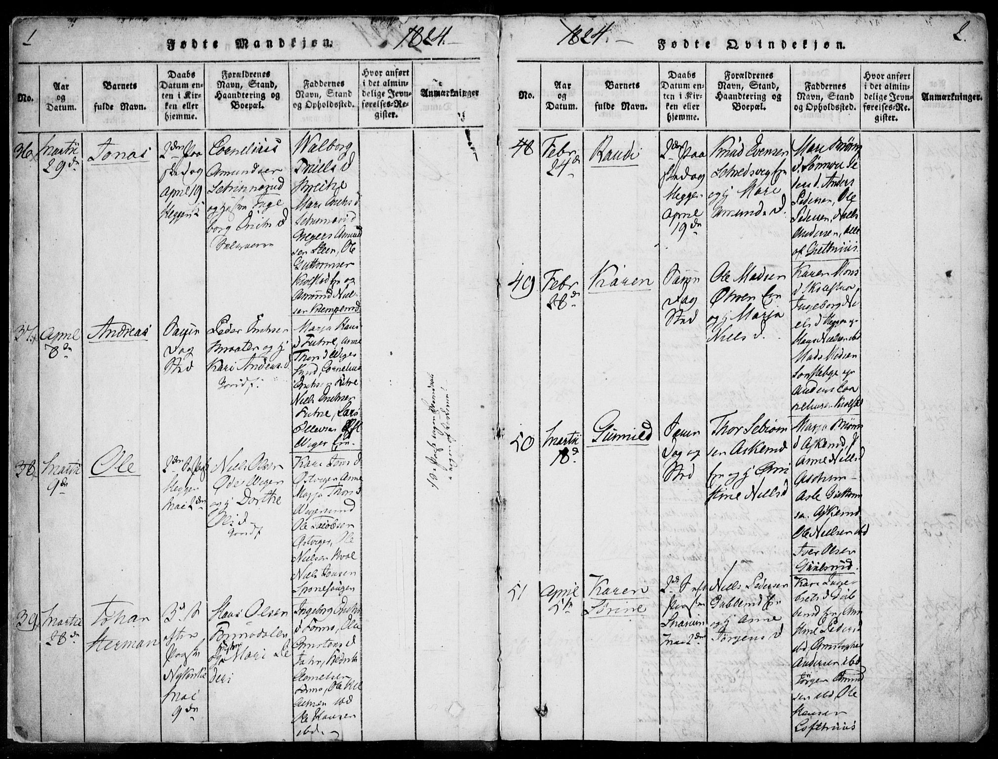 Modum kirkebøker, AV/SAKO-A-234/F/Fa/L0005: Parish register (official) no. 5, 1824-1841, p. 1-2