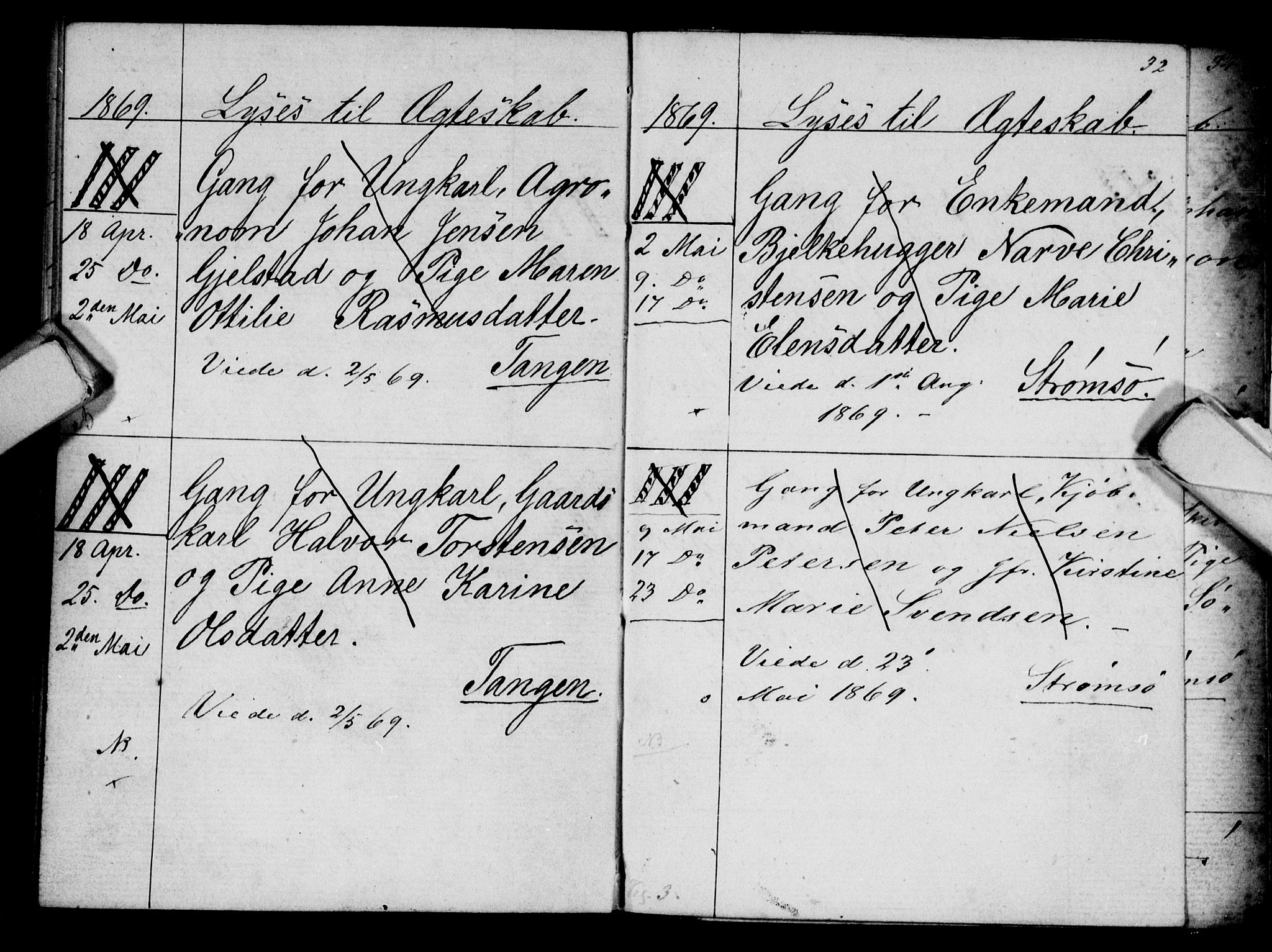 Strømsø kirkebøker, AV/SAKO-A-246/H/Ha/L0003: Banns register no. 3, 1866-1874, p. 32