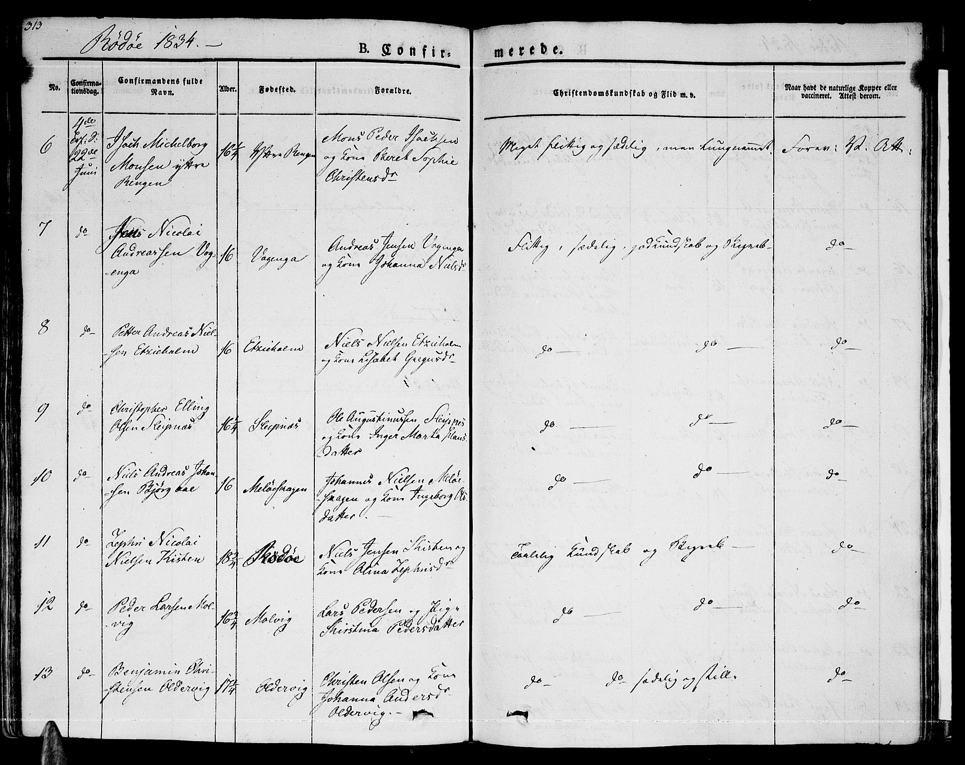 Ministerialprotokoller, klokkerbøker og fødselsregistre - Nordland, AV/SAT-A-1459/841/L0598: Parish register (official) no. 841A06 /1, 1825-1844, p. 313