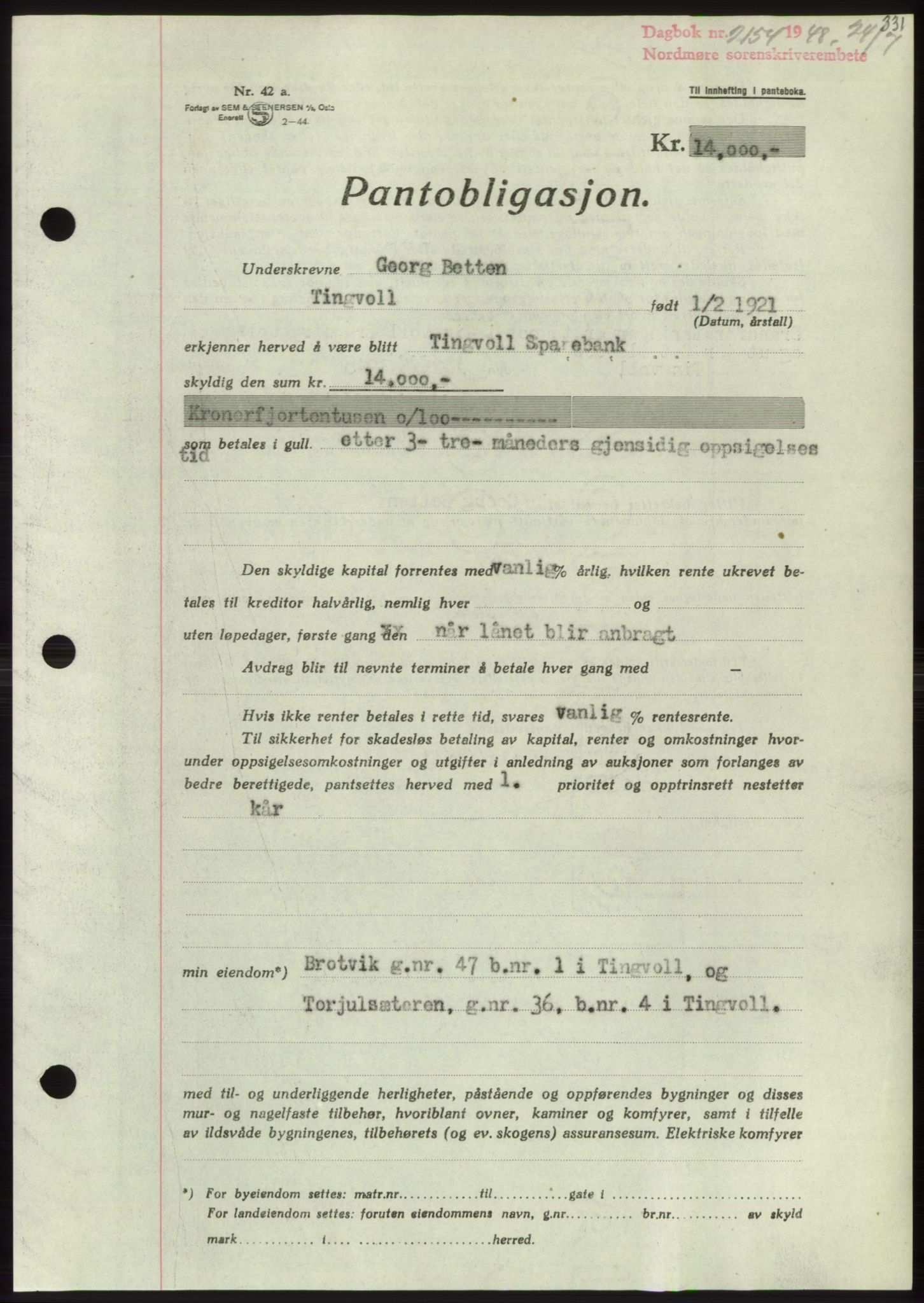 Nordmøre sorenskriveri, AV/SAT-A-4132/1/2/2Ca: Mortgage book no. B99, 1948-1948, Diary no: : 2154/1948