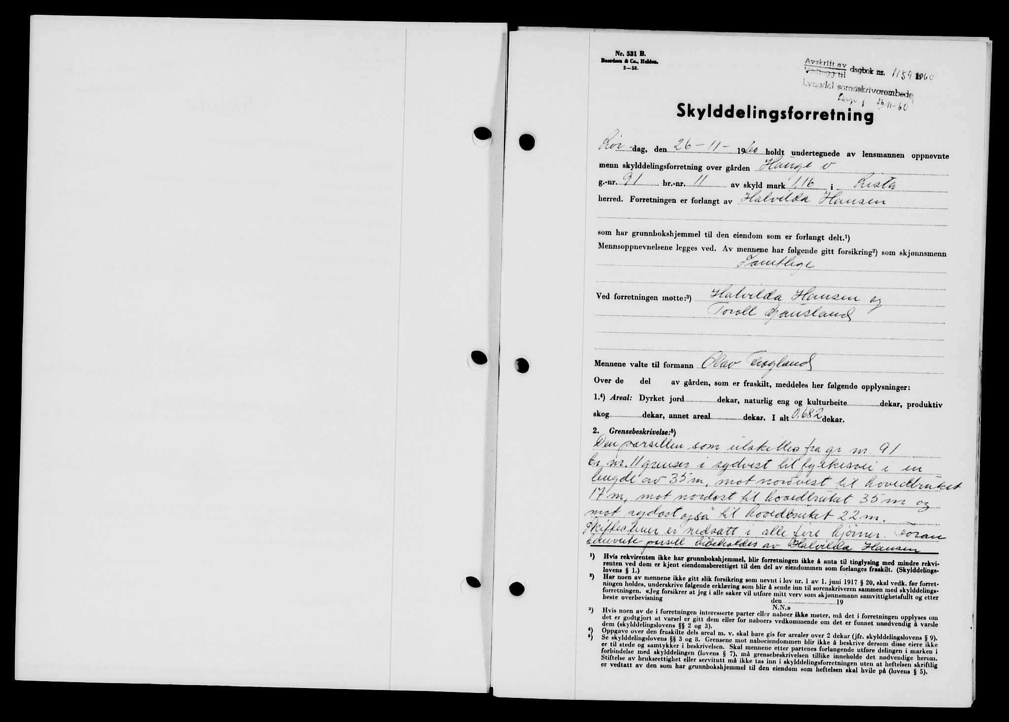 Lyngdal sorenskriveri, AV/SAK-1221-0004/G/Gb/L0680: Mortgage book no. A XXVI, 1960-1960, Diary no: : 1159/1960