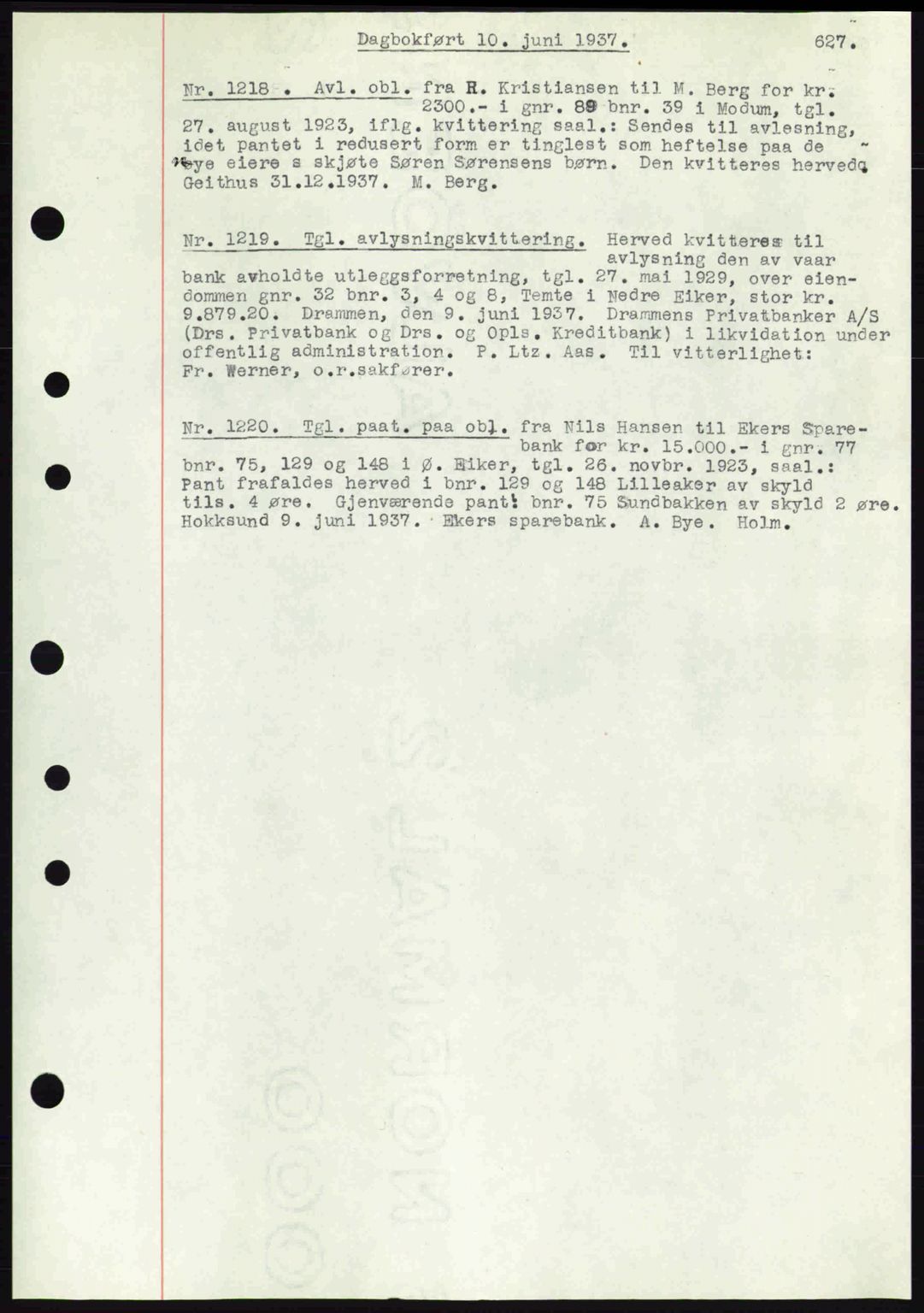Eiker, Modum og Sigdal sorenskriveri, SAKO/A-123/G/Ga/Gab/L0035: Mortgage book no. A5, 1937-1937, Diary no: : 1218/1937