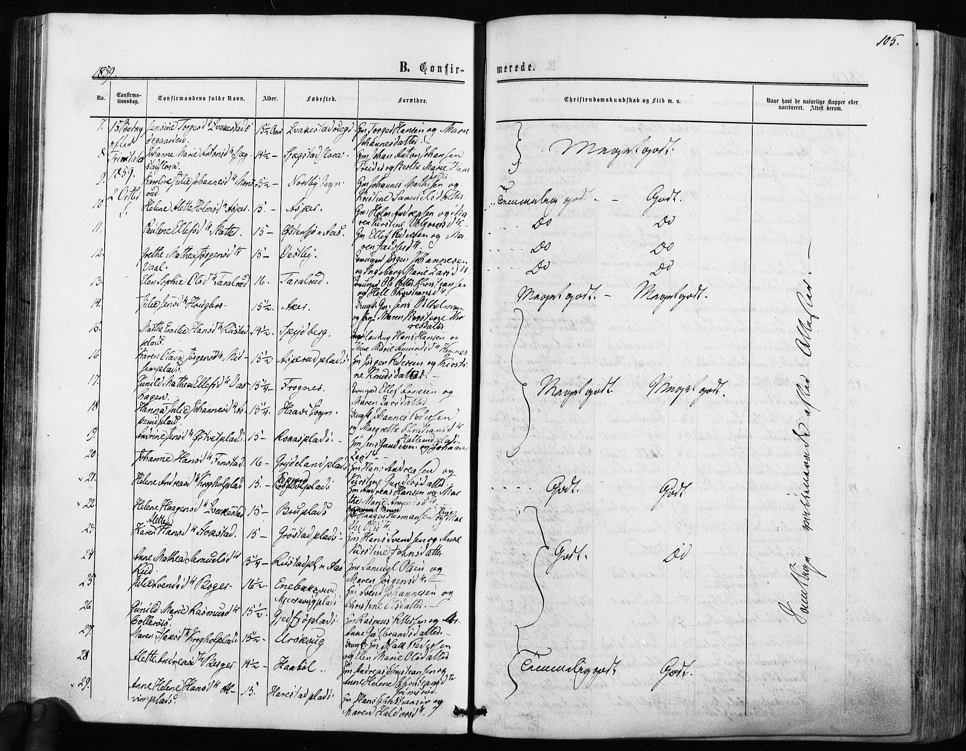 Kråkstad prestekontor Kirkebøker, AV/SAO-A-10125a/F/Fa/L0007: Parish register (official) no. I 7, 1858-1870, p. 105