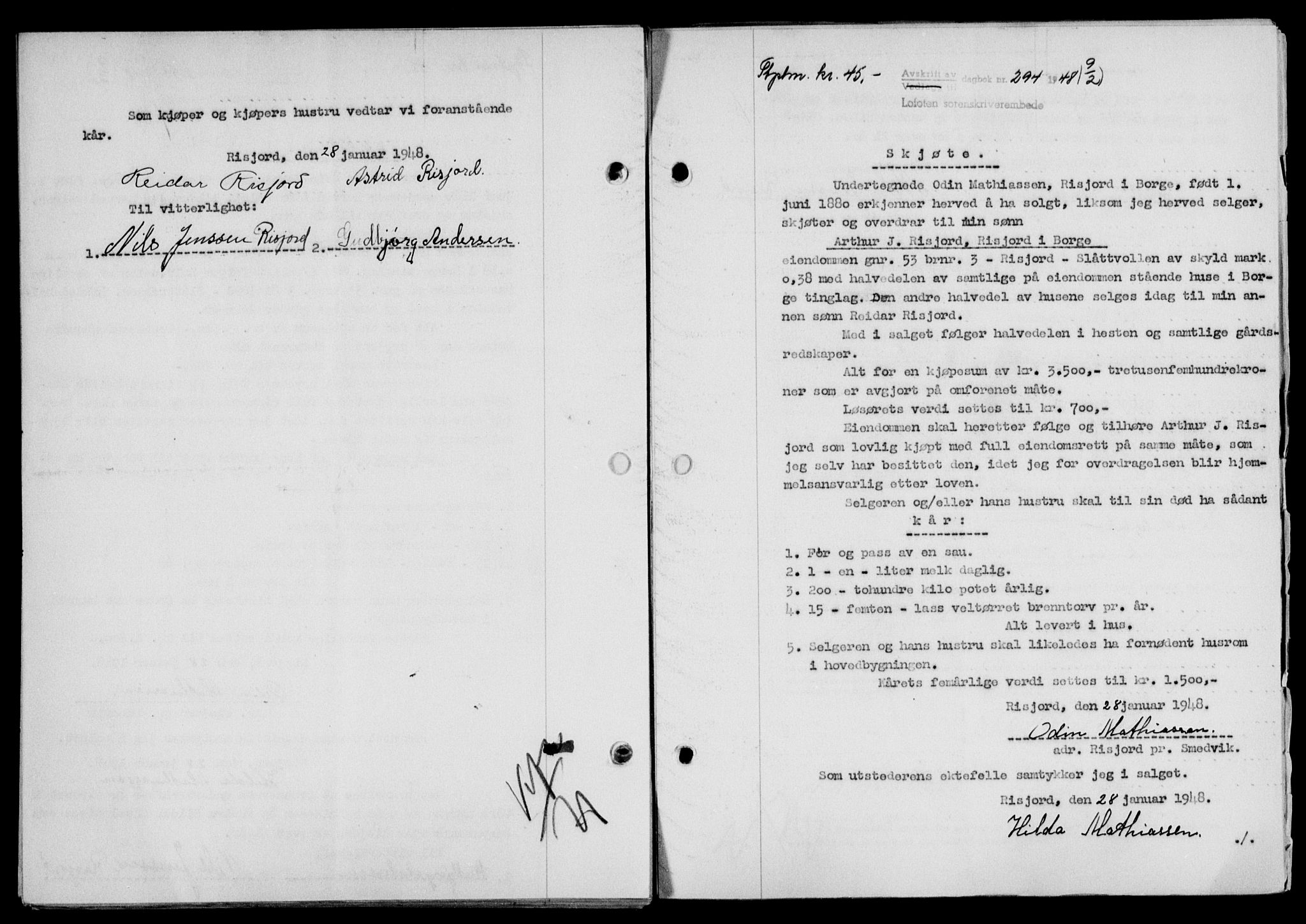 Lofoten sorenskriveri, SAT/A-0017/1/2/2C/L0017a: Mortgage book no. 17a, 1947-1948, Diary no: : 294/1948