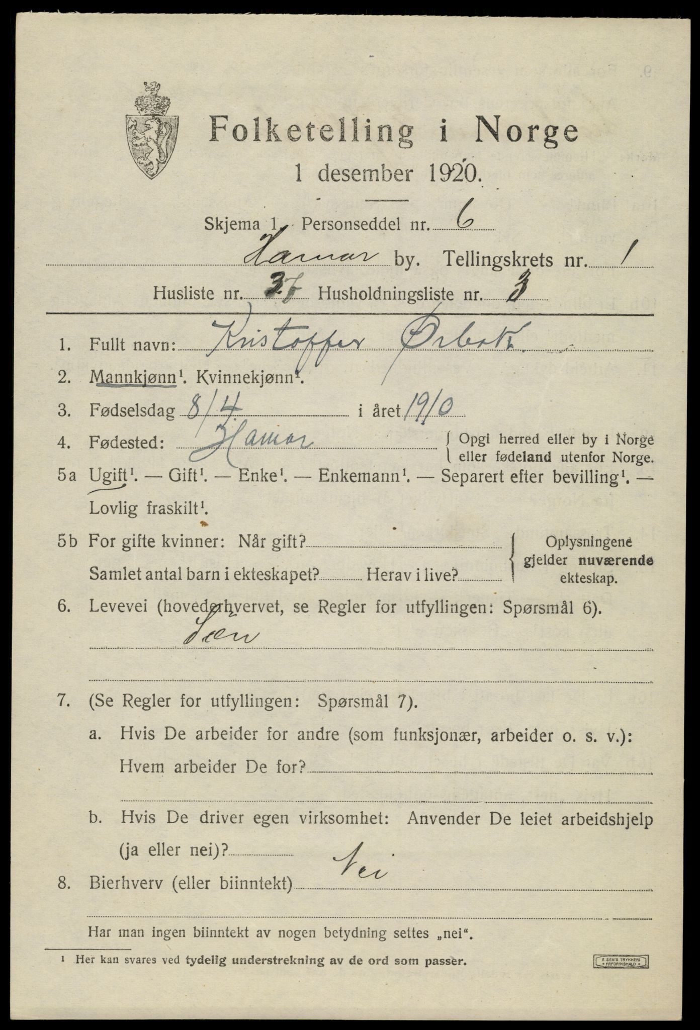 SAH, 1920 census for Hamar, 1920, p. 5063