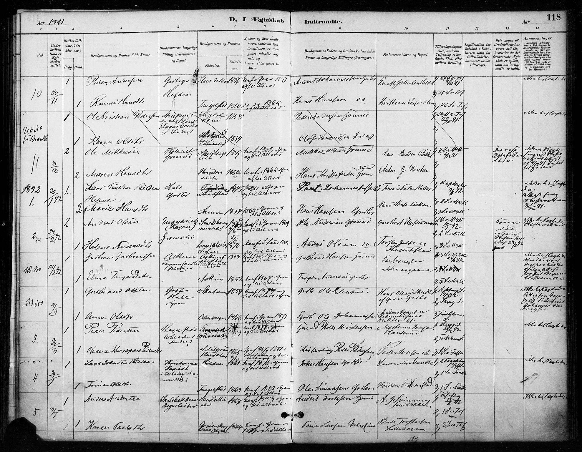 Gran prestekontor, SAH/PREST-112/H/Ha/Haa/L0018: Parish register (official) no. 18, 1889-1899, p. 118
