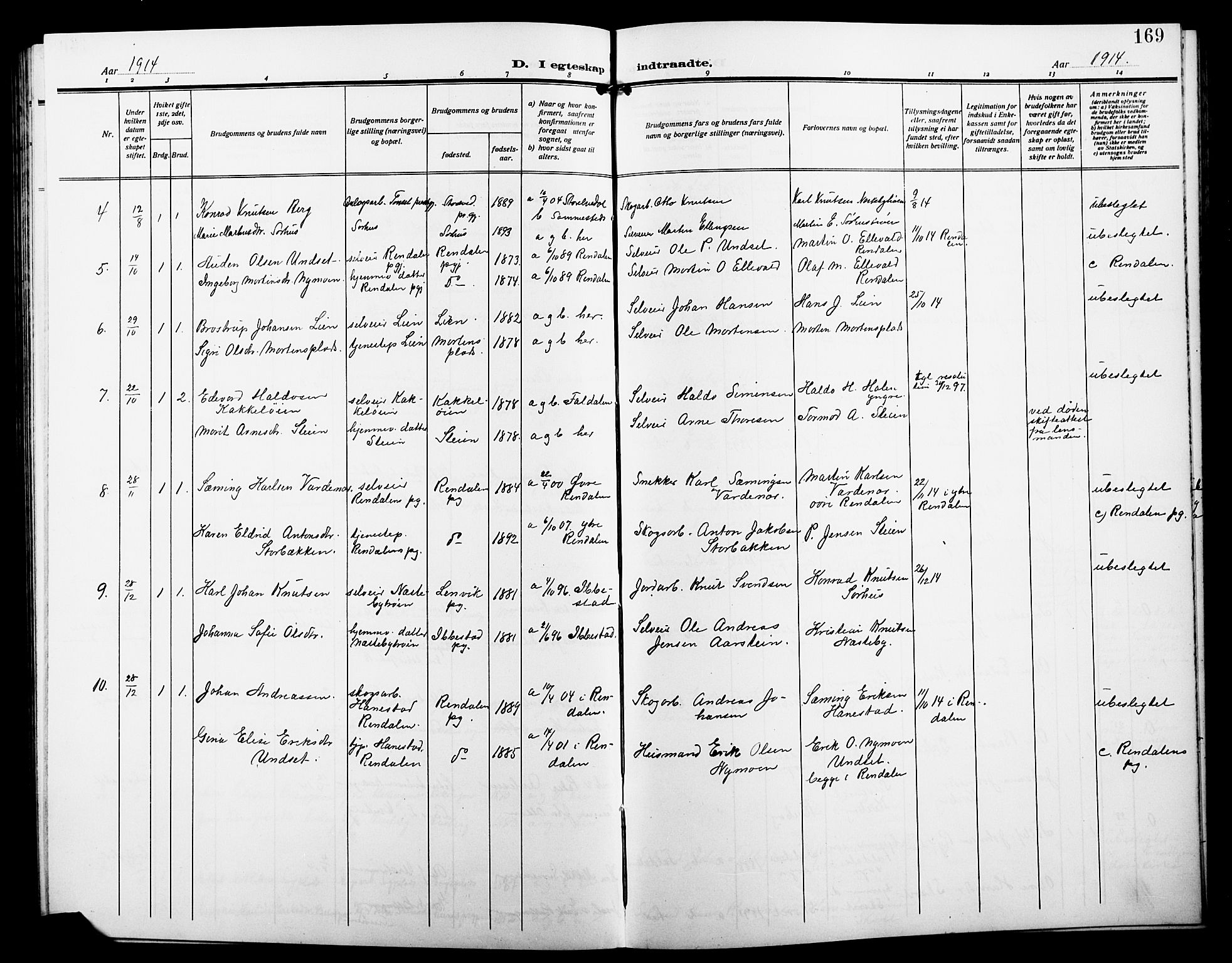 Alvdal prestekontor, AV/SAH-PREST-060/H/Ha/Hab/L0005: Parish register (copy) no. 5, 1908-1923, p. 169